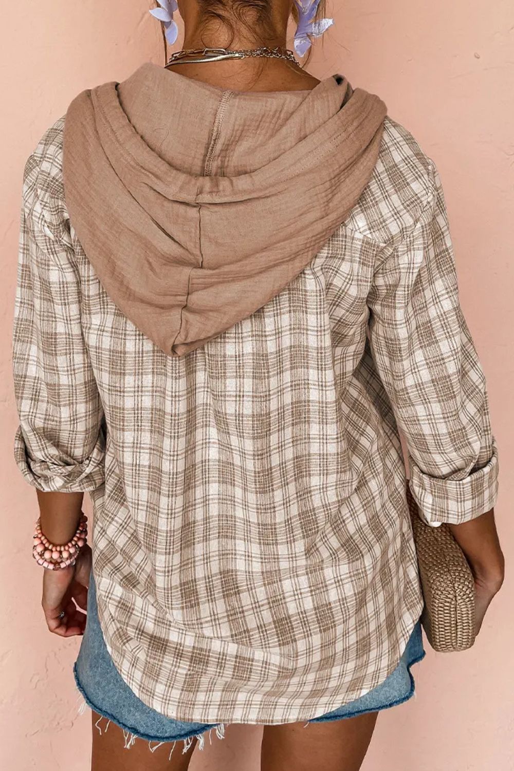 Drawstring Button Up Hooded Shacket