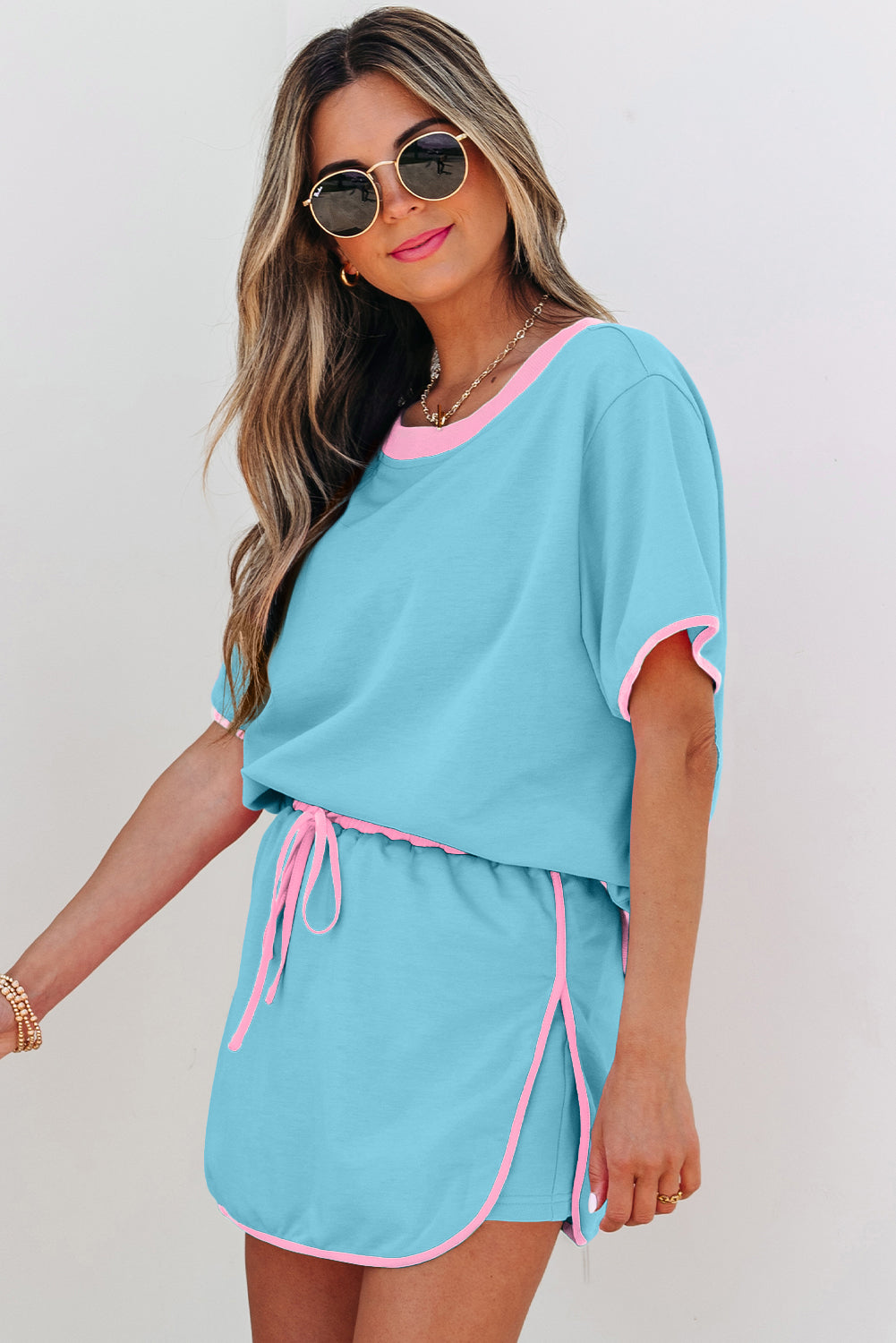 Bonbon Colorblock Edge Drop Shoulder T Shirt and Skort 2Pcs Set