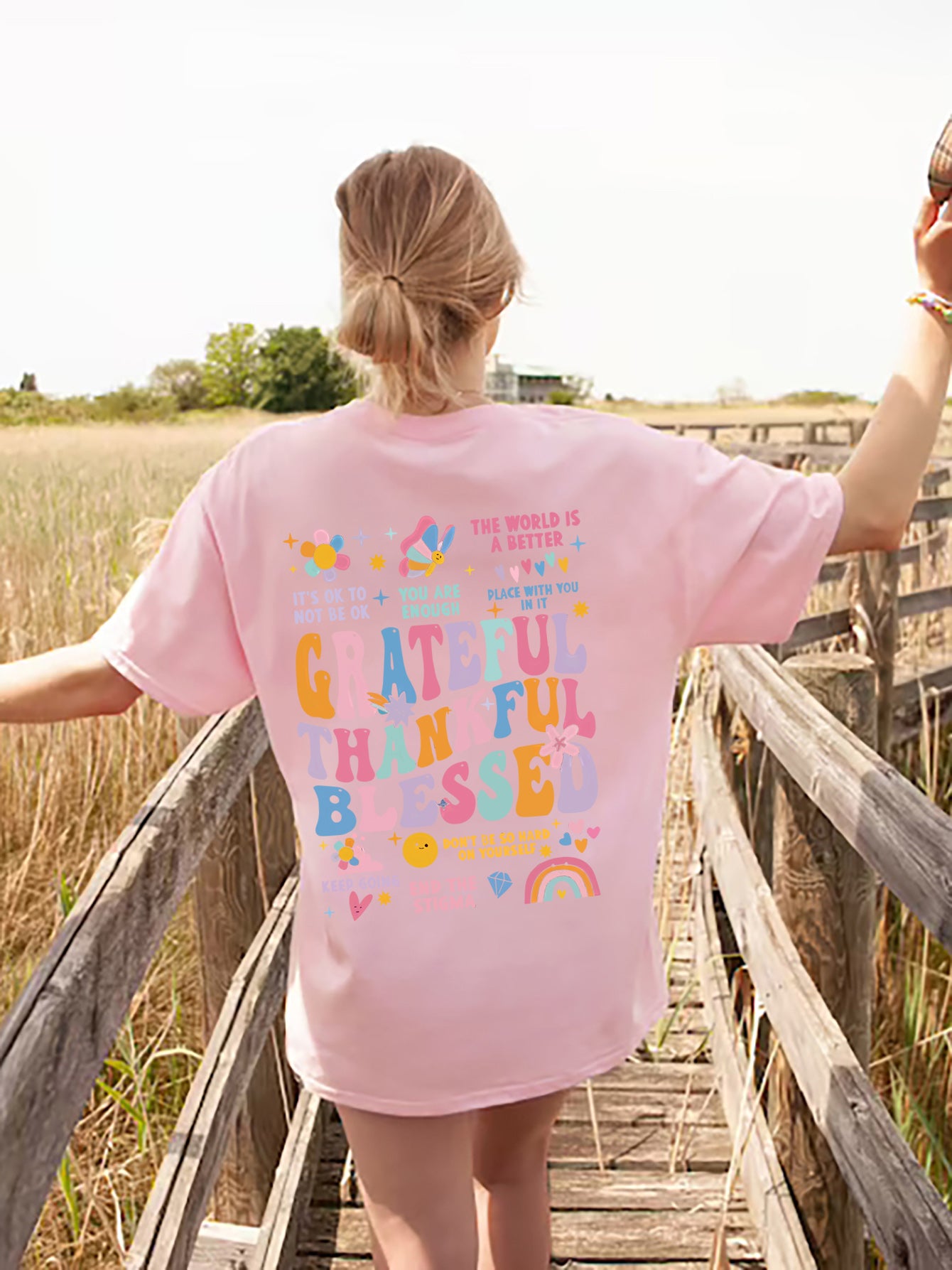 Grateful Thankful Blessed Graphic Round Neck Short Sleeve T-Shirt