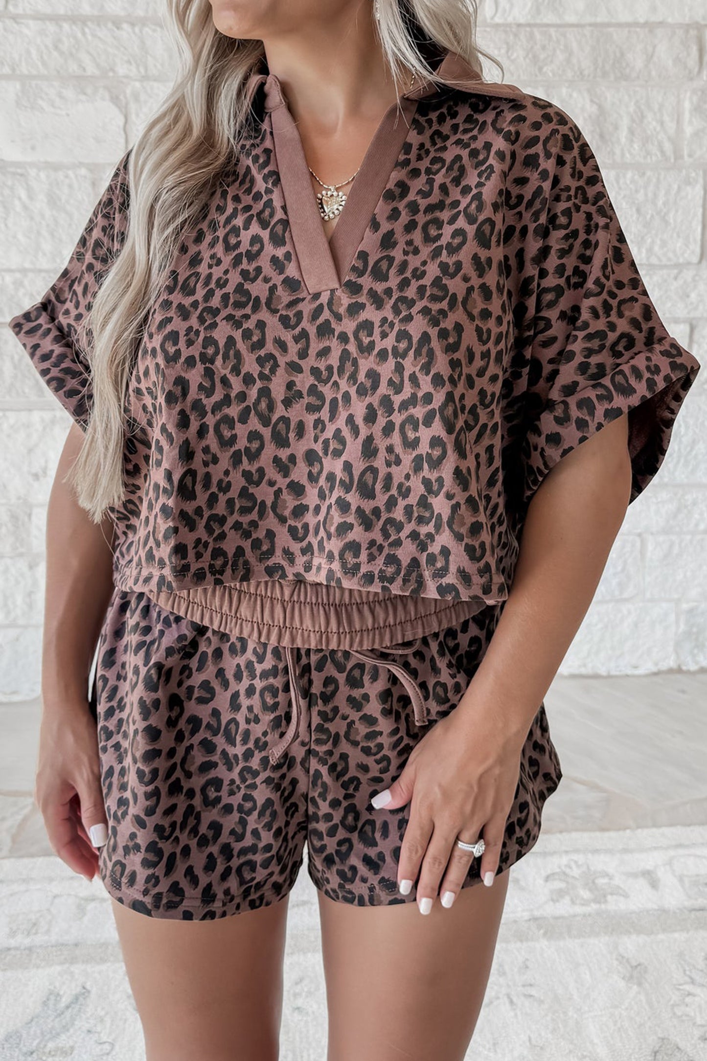 Brown V Neck Collar Leopard Printed 2pcs Short Set