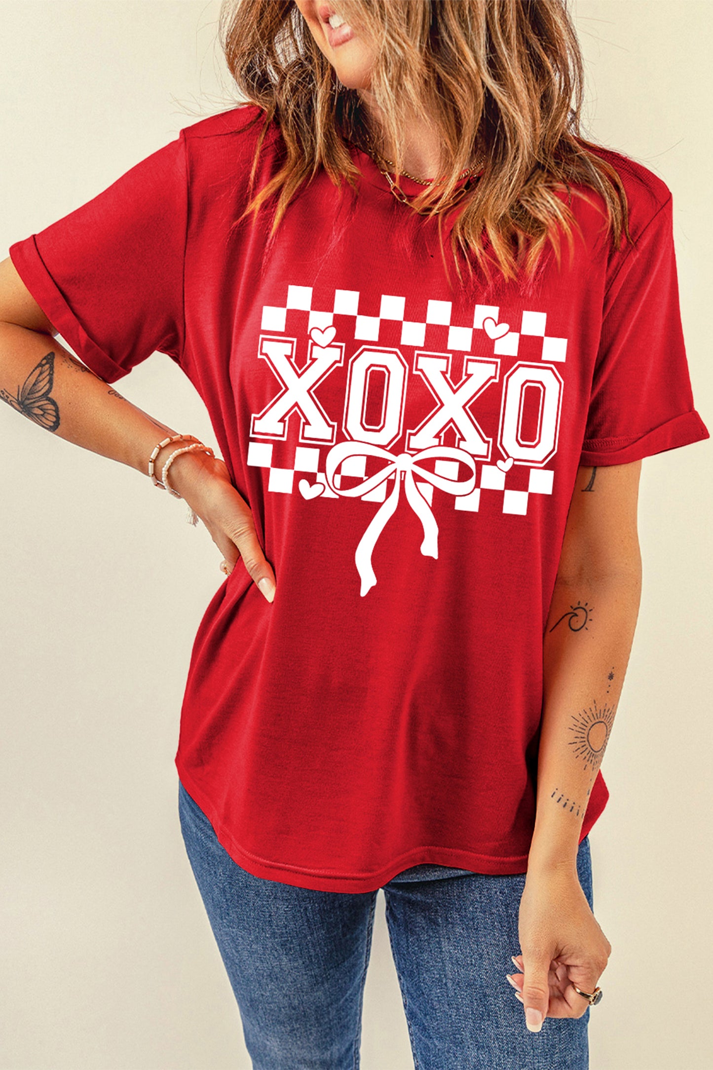 Red XOXO Checkered Ribbon Bow Print Valentines Day T Shirt