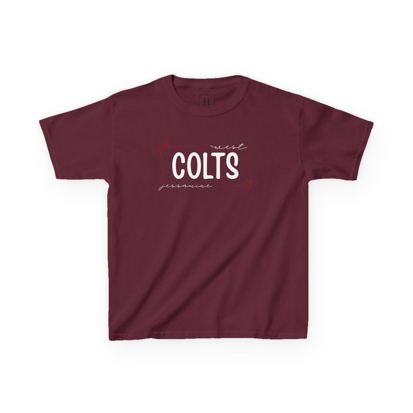 YOUTH -- West Jessamine COLTS coquette bow border - Unisex Tee