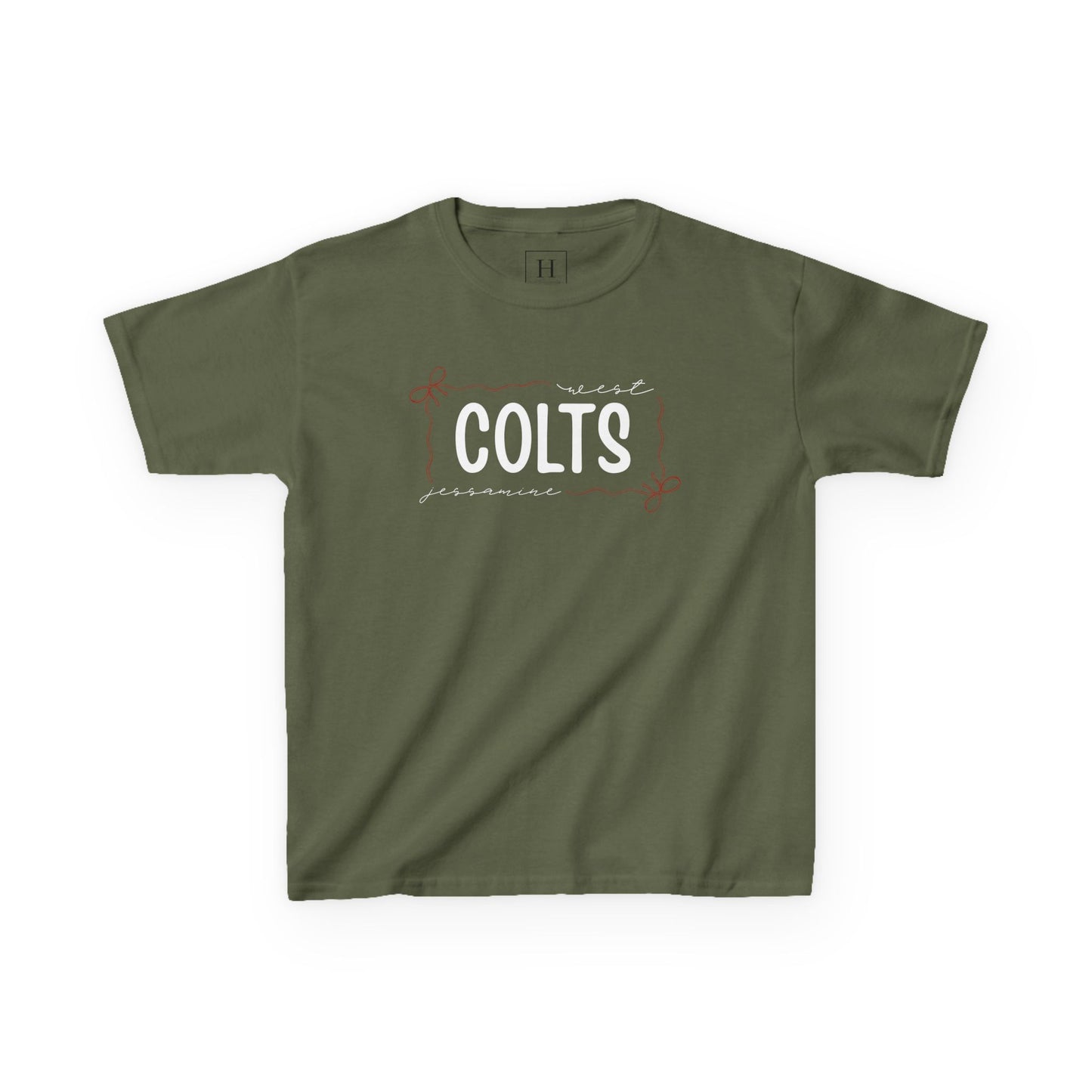 YOUTH -- West Jessamine COLTS coquette bow border - Unisex Tee