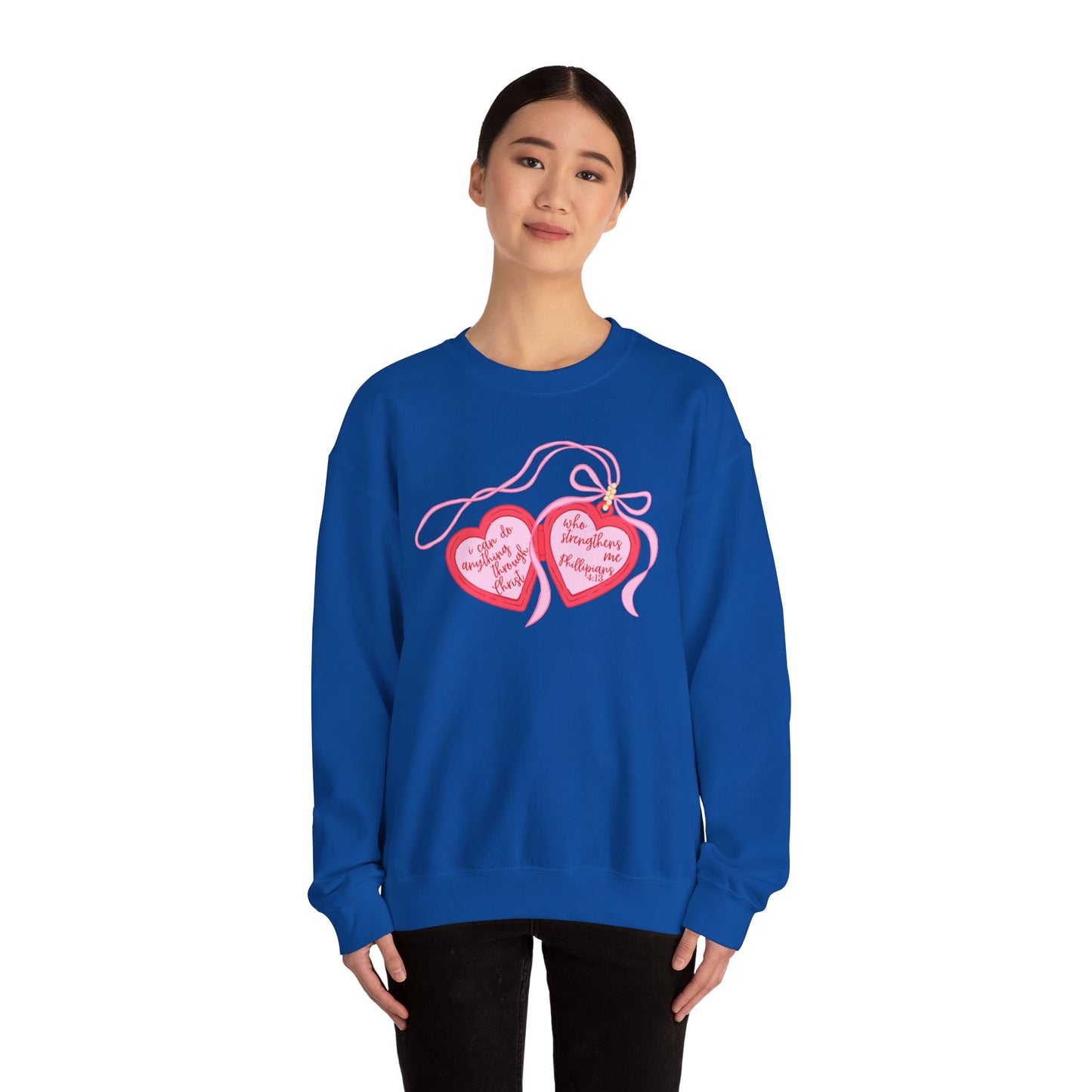 Faith Crewneck Sweatshirt — "I Can Do All Things Through Christ" Pink Heart Locket