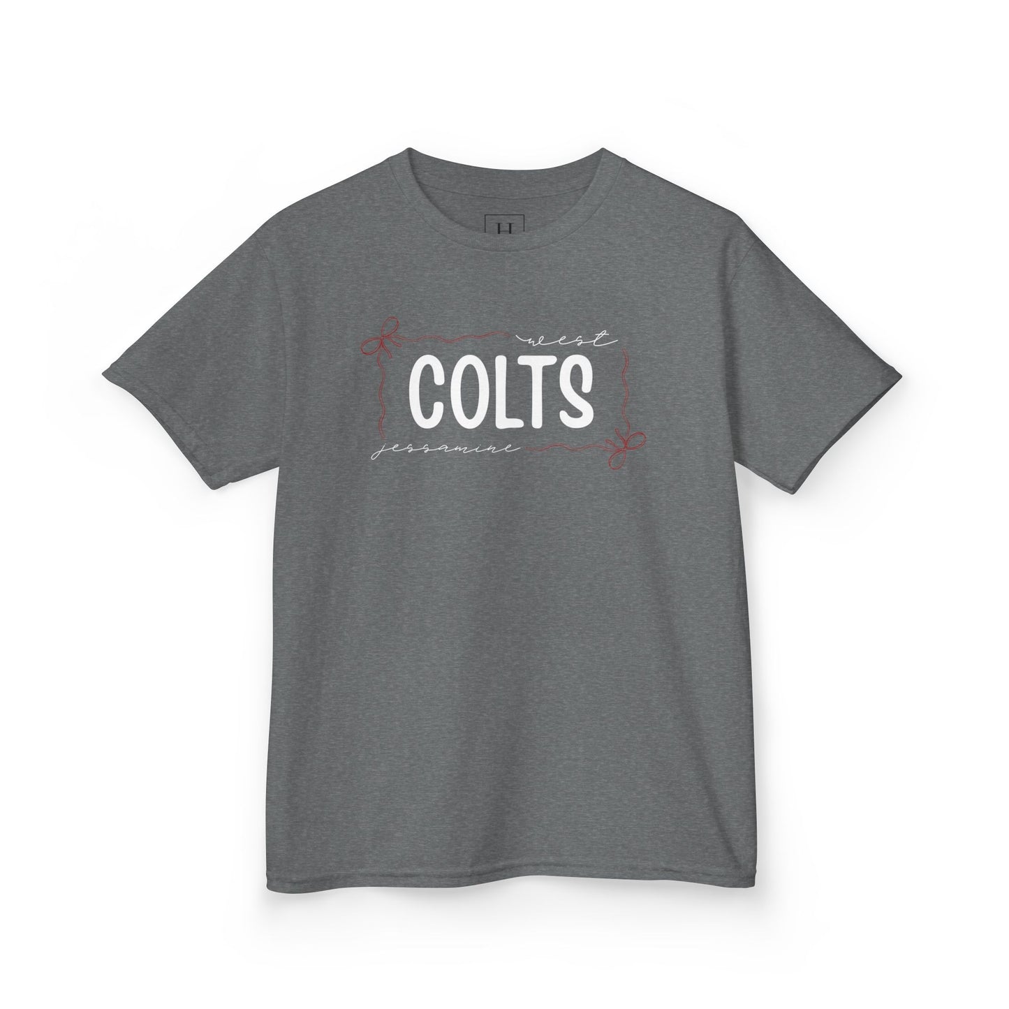 YOUTH -- West Jessamine COLTS coquette bow border - Unisex Tee