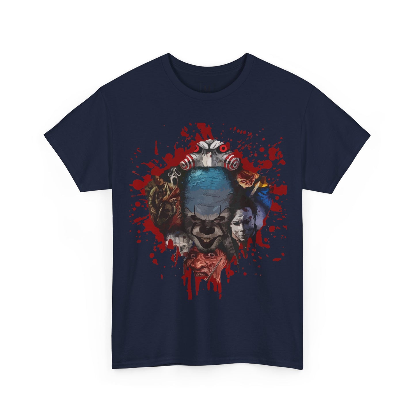 Halloween; Classic Horror Characters with Pennywise and Blood Splatter -- Unisex