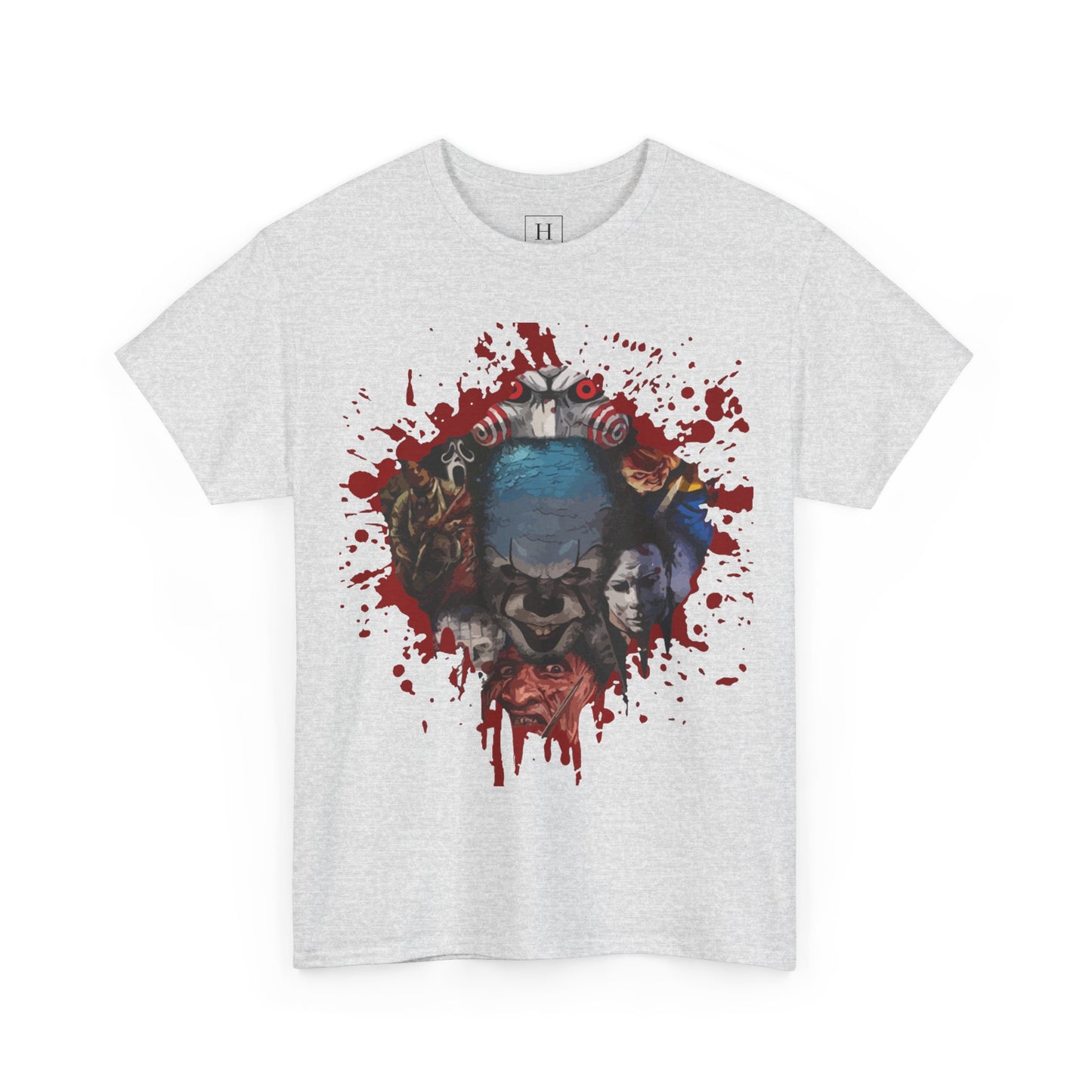 Halloween; Classic Horror Characters with Pennywise and Blood Splatter -- Unisex