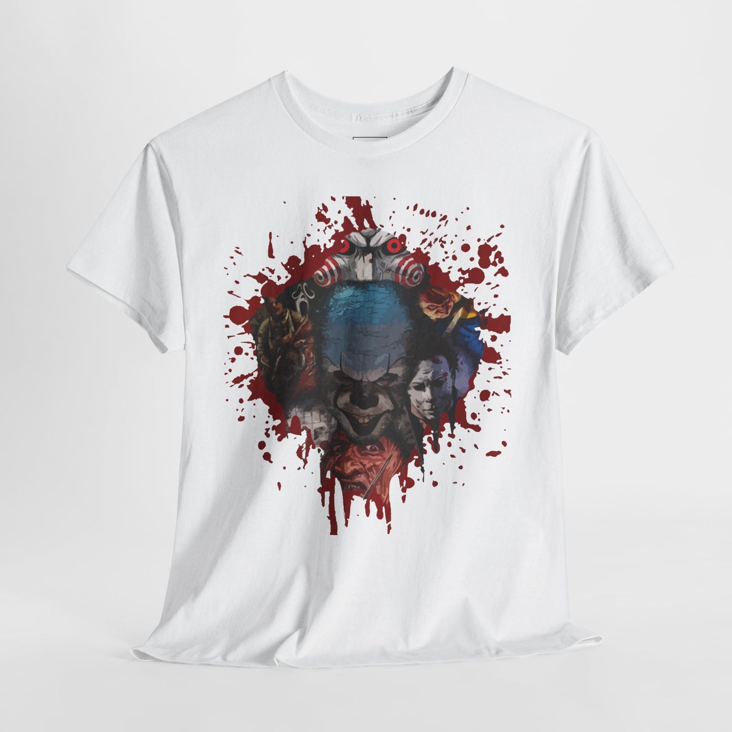 Halloween; Classic Horror Characters with Pennywise and Blood Splatter -- Unisex