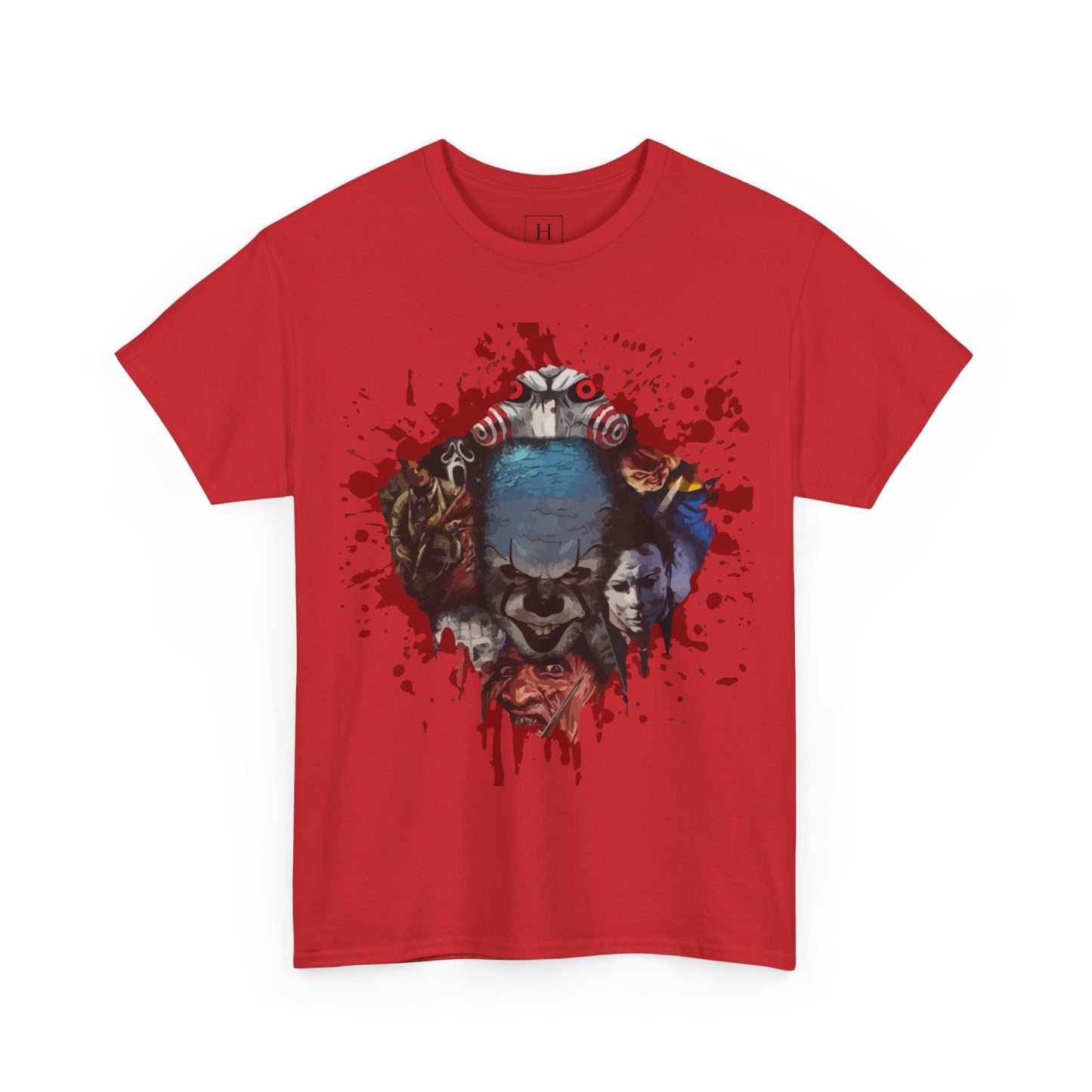 Halloween; Classic Horror Characters with Pennywise and Blood Splatter -- Unisex