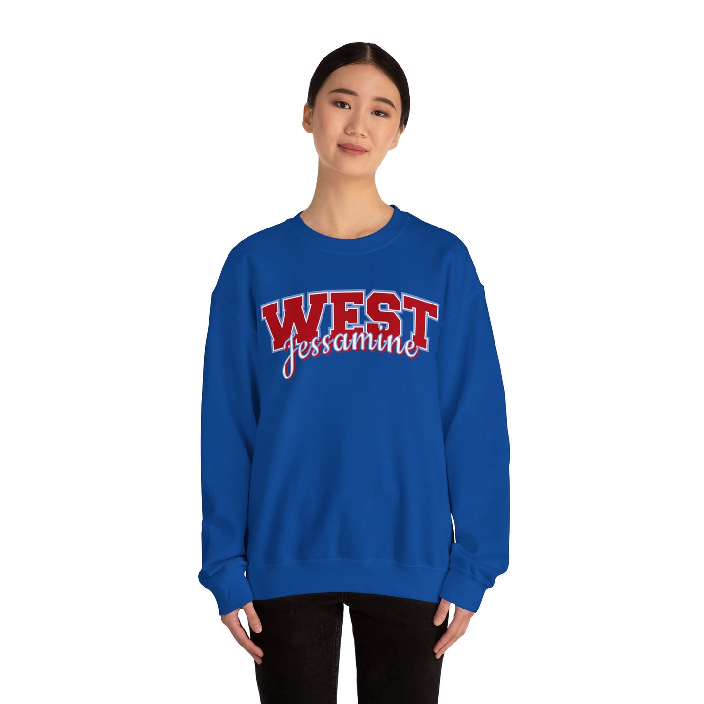 West Jessamine Cheer Crewneck Sweatshirt — Back ‘West Jessamine Cheer’ with Horse Logo - Unisex