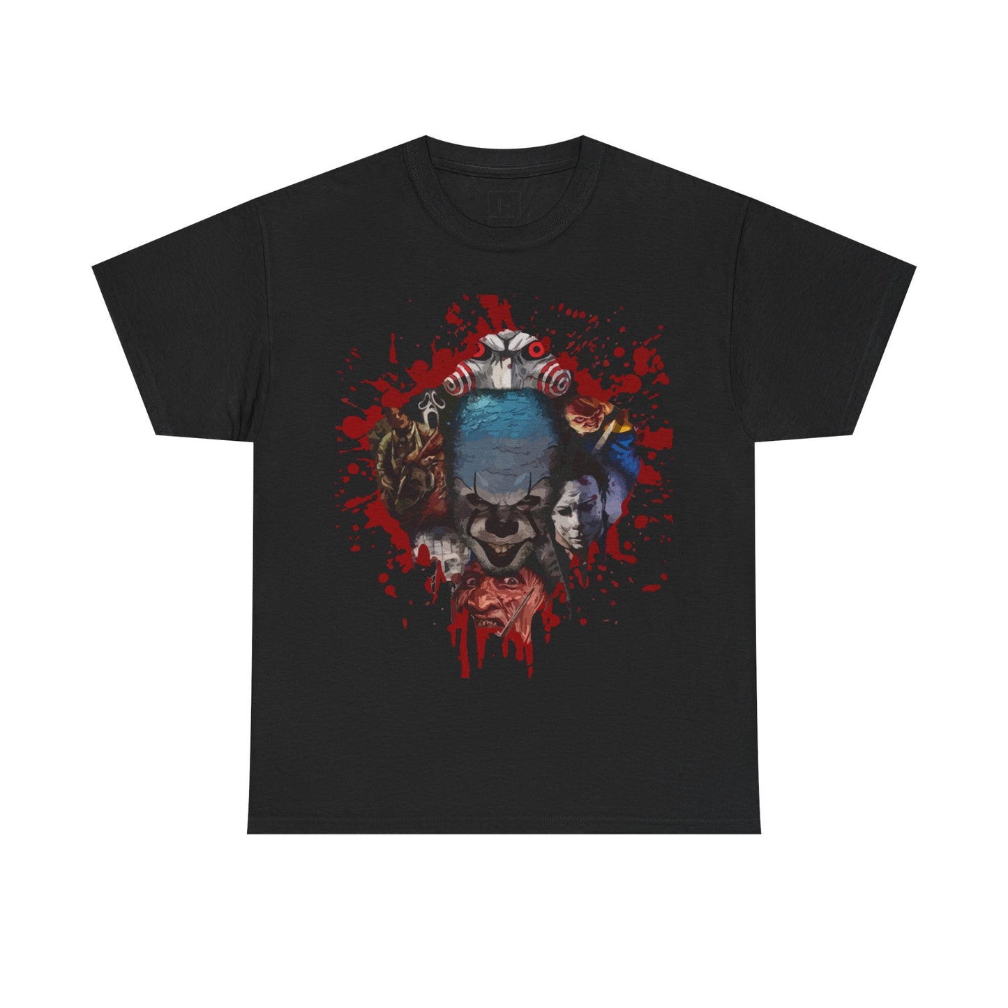 Halloween; Classic Horror Characters with Pennywise and Blood Splatter -- Unisex