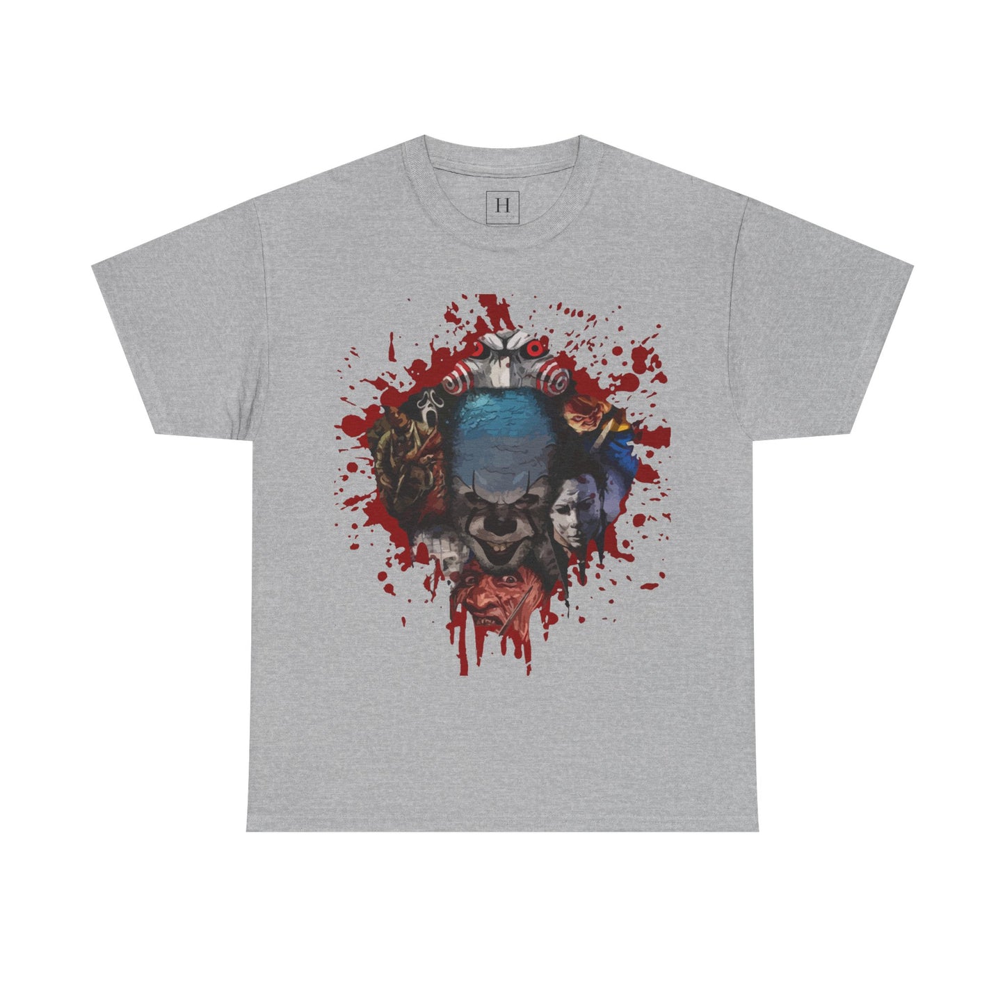 Halloween; Classic Horror Characters with Pennywise and Blood Splatter -- Unisex