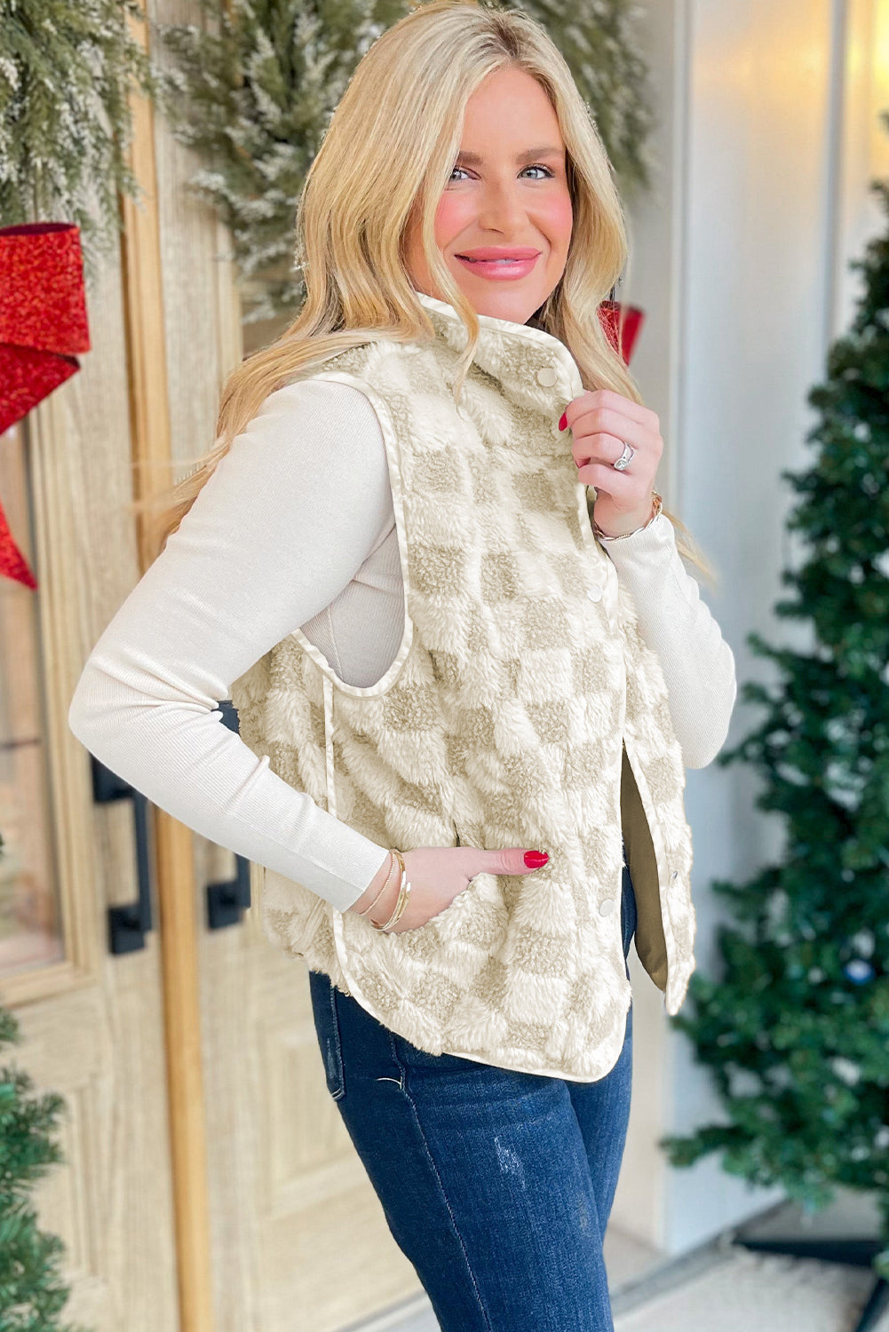 Khaki Sherpa Checkerboard Snap Button Vest Jacket With Pocket