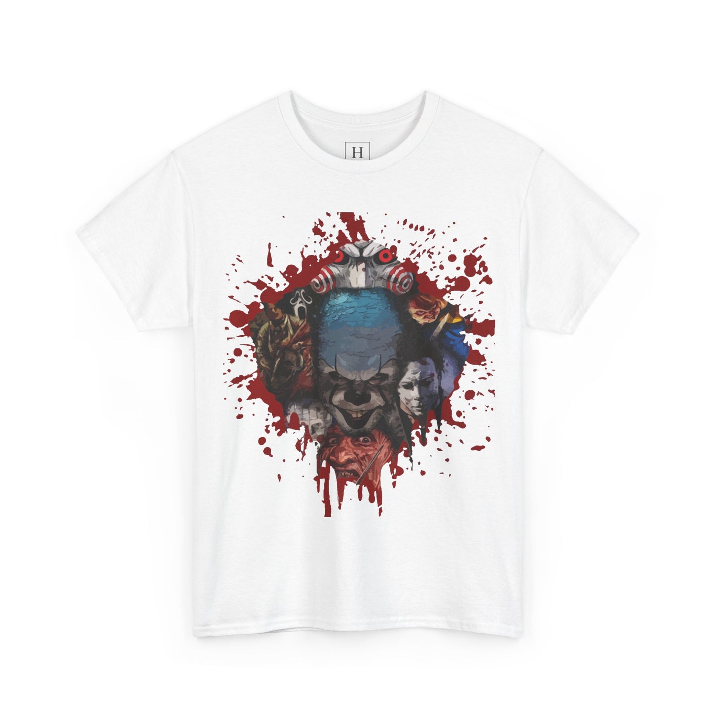 Halloween; Classic Horror Characters with Pennywise and Blood Splatter -- Unisex