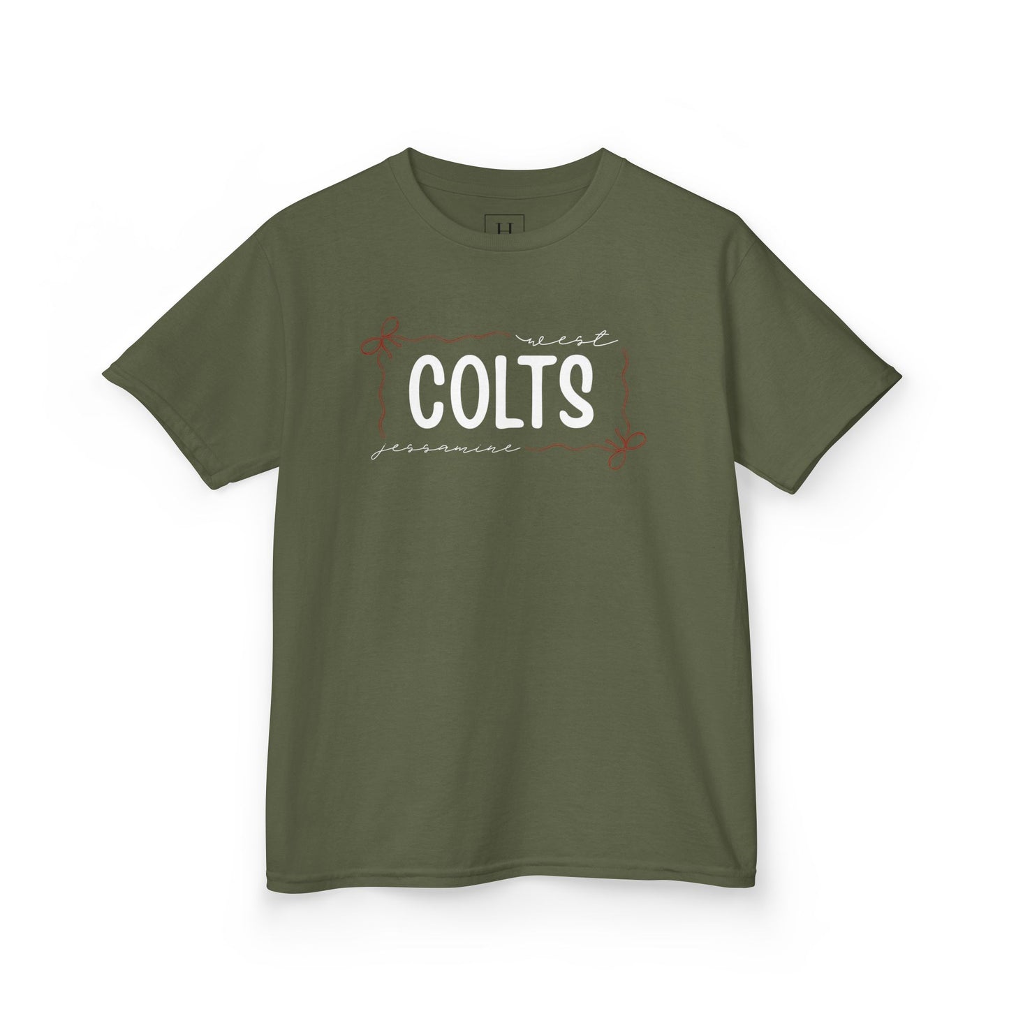 YOUTH -- West Jessamine COLTS coquette bow border - Unisex Tee