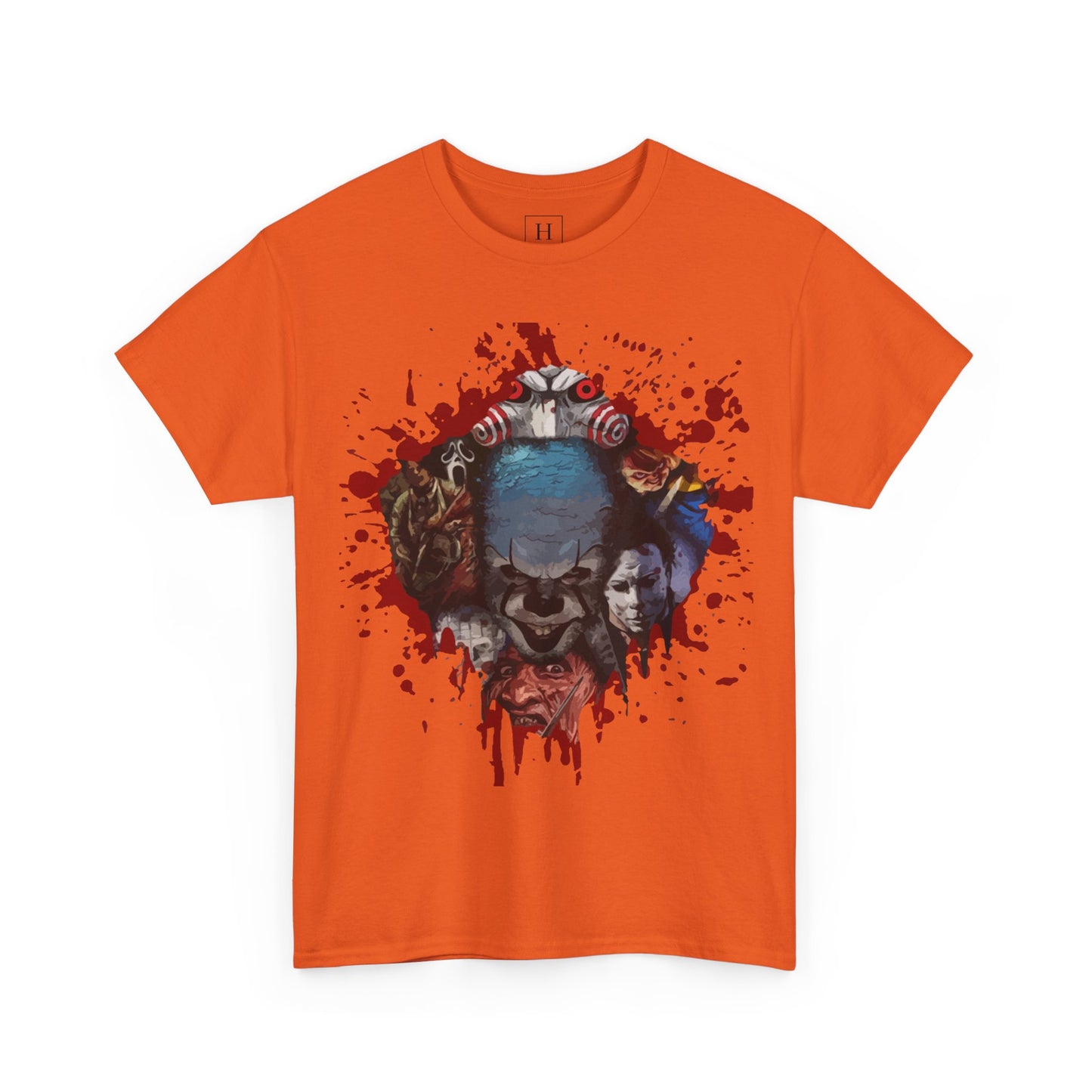 Halloween; Classic Horror Characters with Pennywise and Blood Splatter -- Unisex