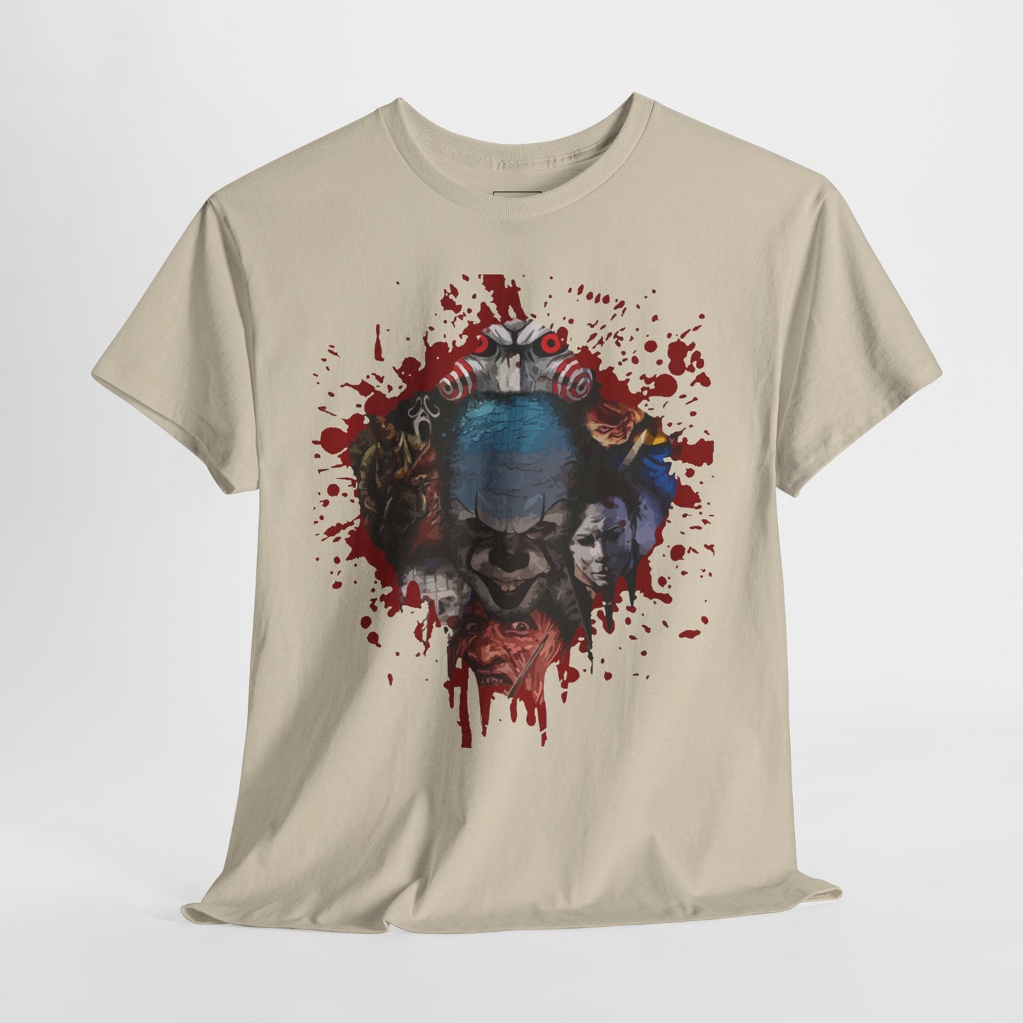 Halloween; Classic Horror Characters with Pennywise and Blood Splatter -- Unisex