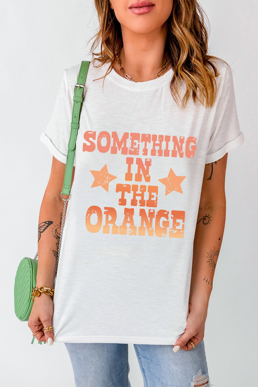 Something In Orange Letter Graphic Round Neck Short Sleeve T-Shirt