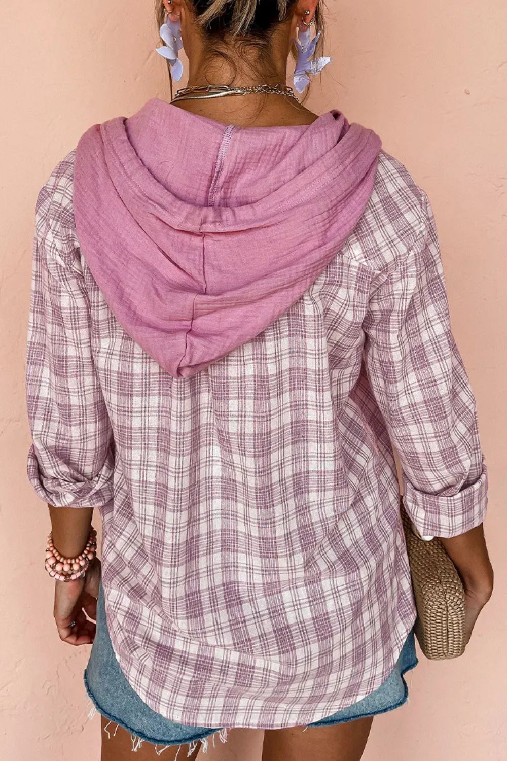 Drawstring Button Up Hooded Shacket