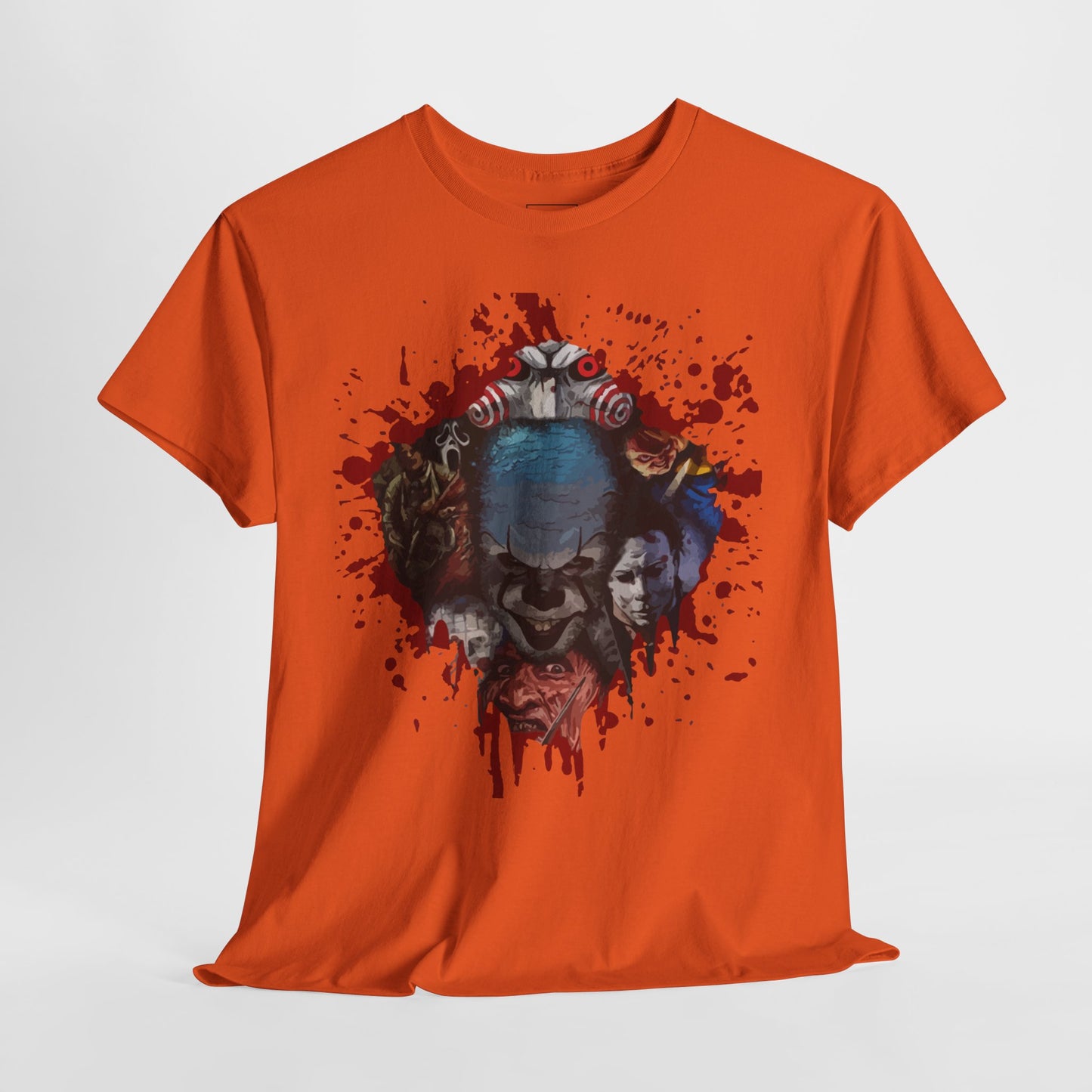 Halloween; Classic Horror Characters with Pennywise and Blood Splatter -- Unisex