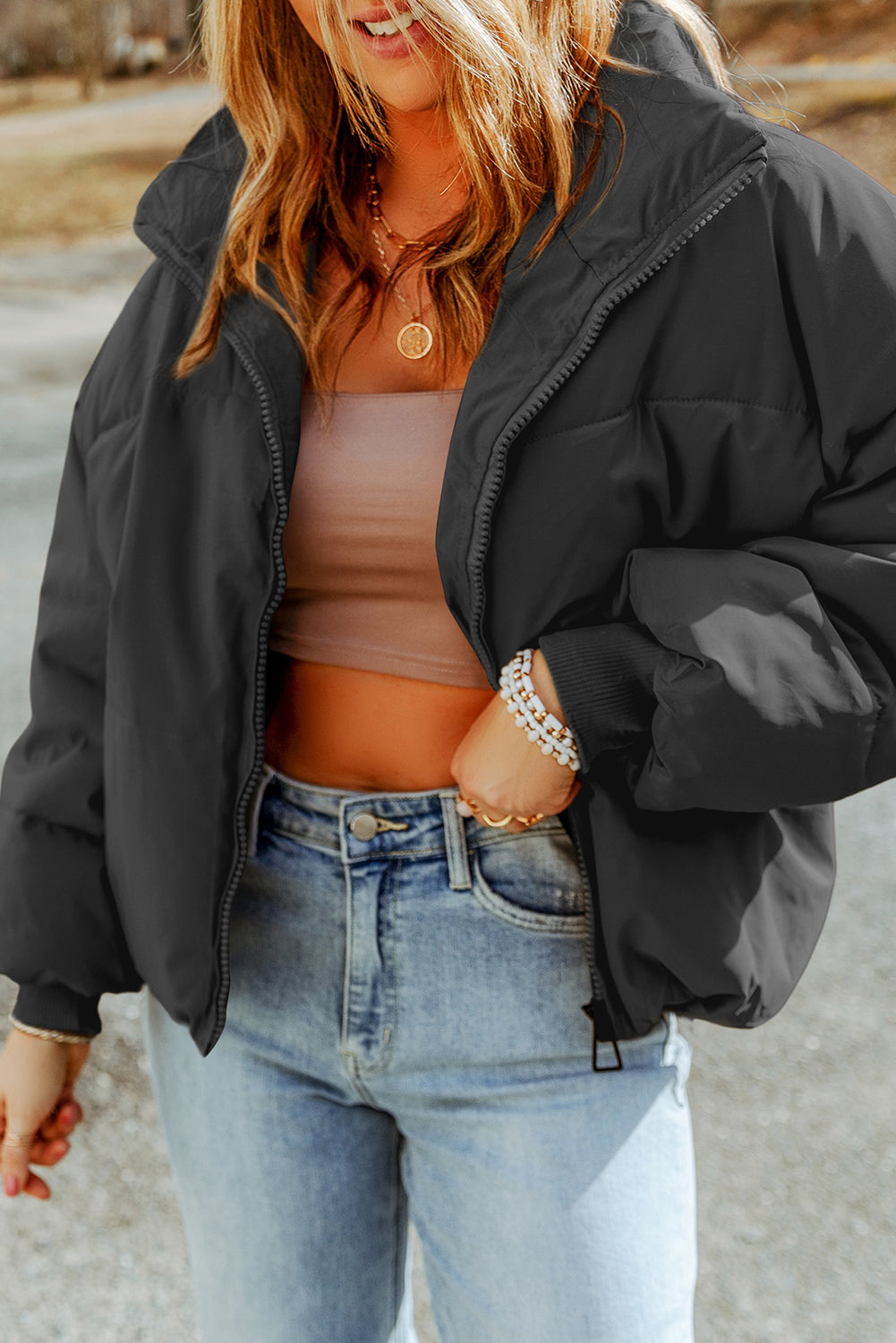 Brown Zip Up Pocketed Puffer Jacket