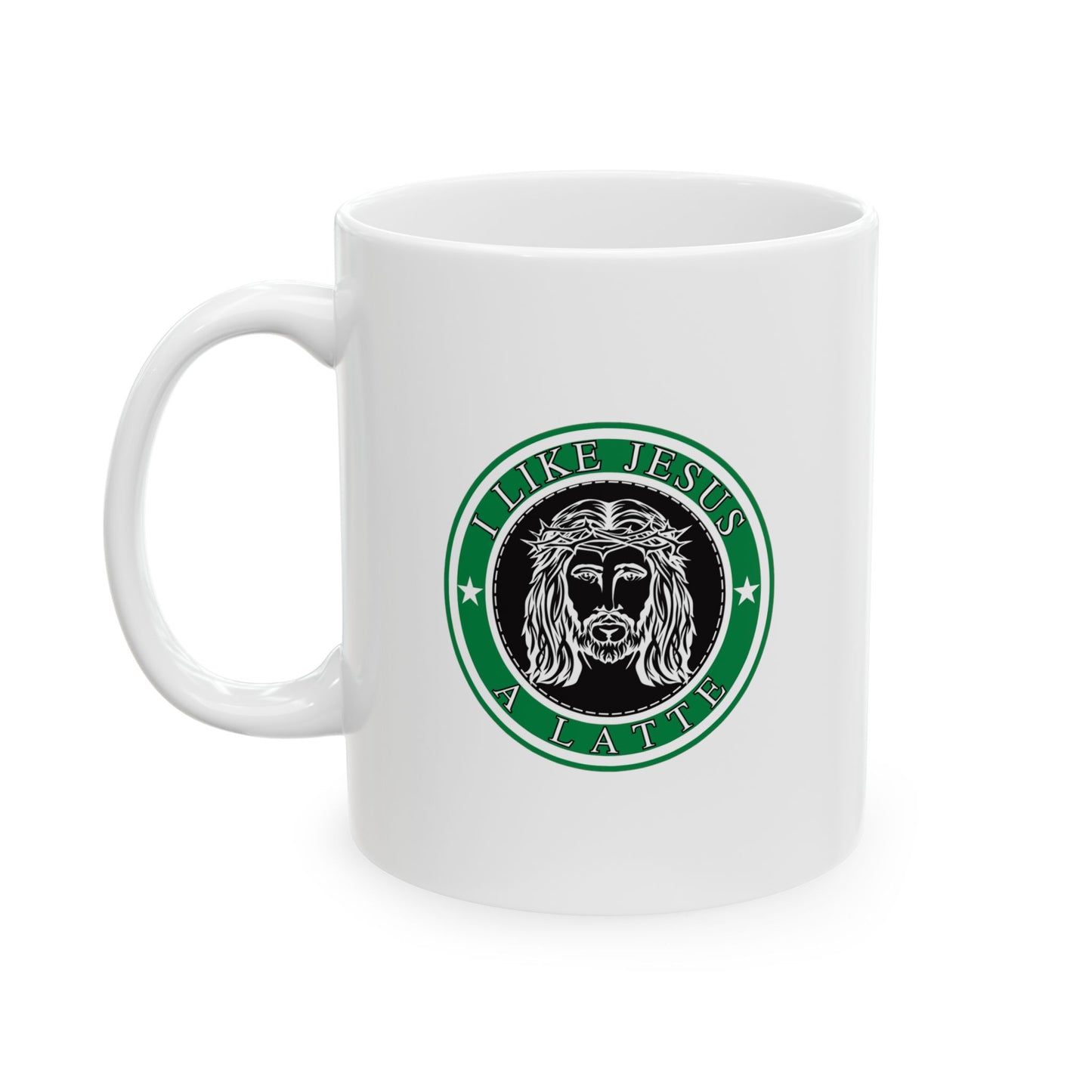 I Like Jesus A Latte Starbucks Jesus Logo Christian Ceramic Mug, (11oz, 15oz)