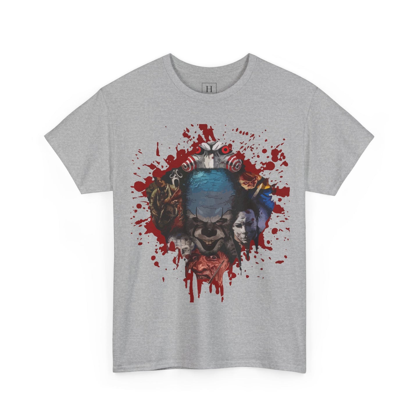 Halloween; Classic Horror Characters with Pennywise and Blood Splatter -- Unisex