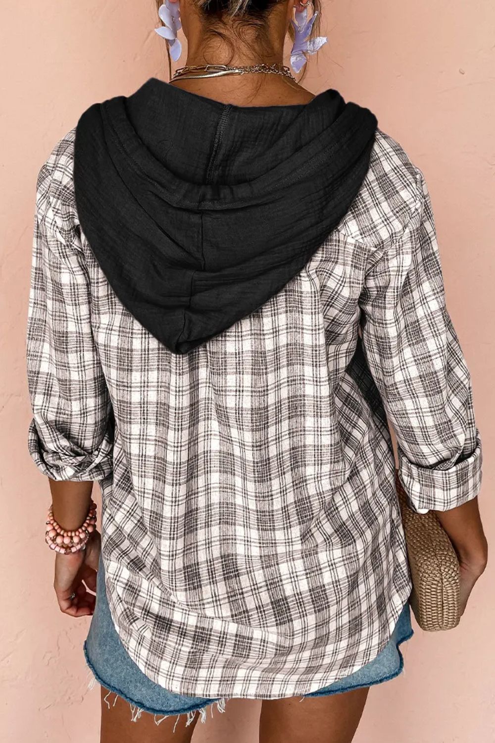 Drawstring Button Up Hooded Shacket