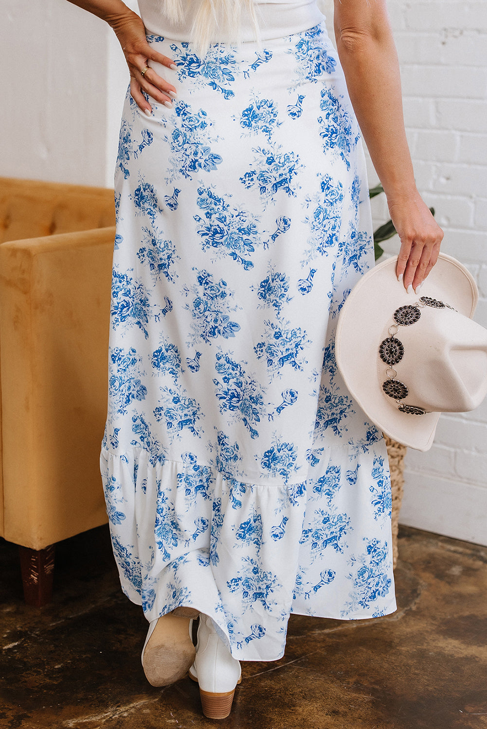 Black Boho Floral High Waist Ruffle Split Maxi Skirt