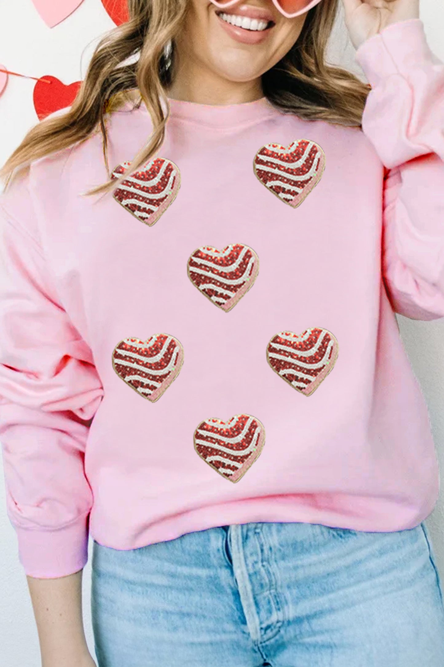 Pink Sequined Valentine Heart Print Round Neck Sweatshirt