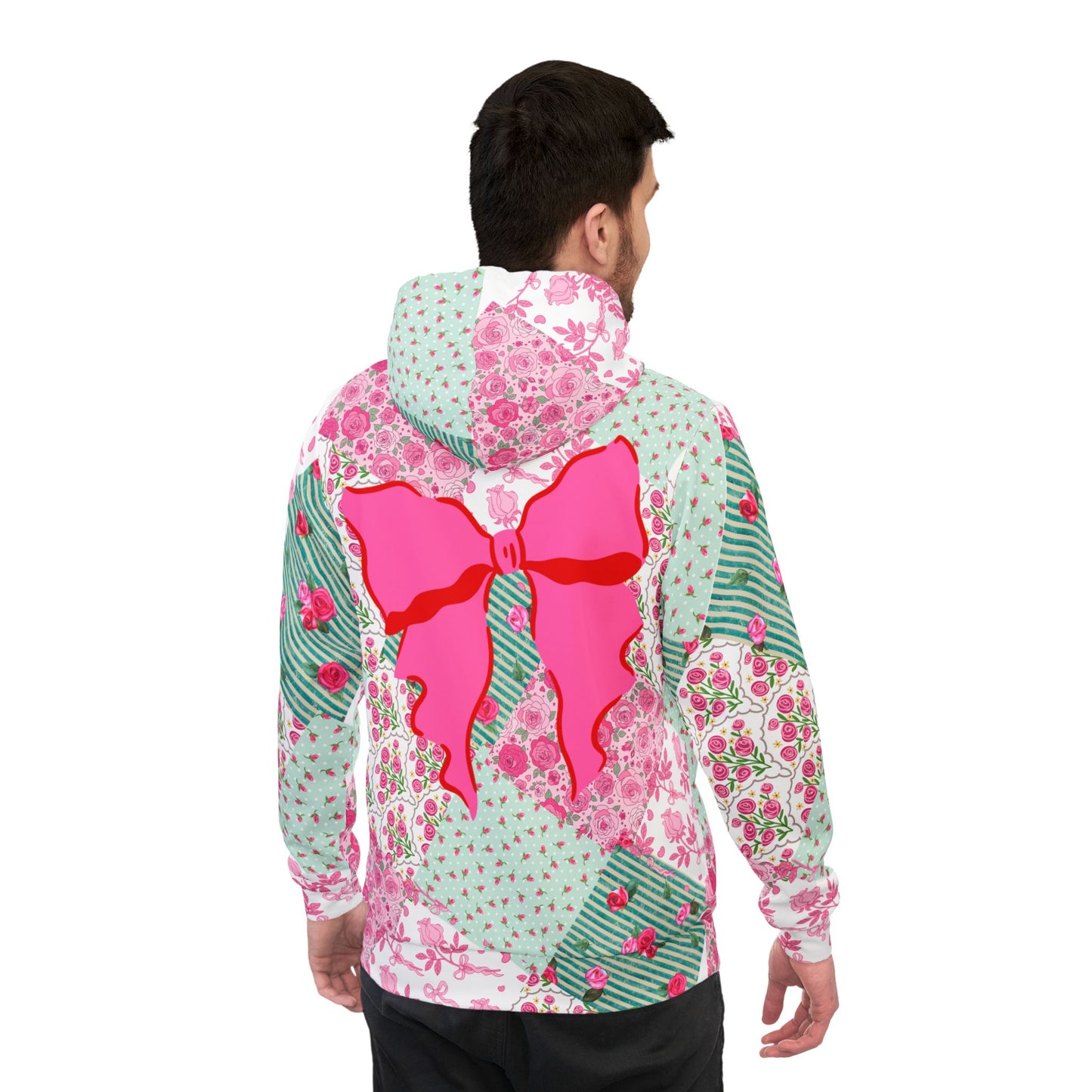 Coquette Floral Patch Athletic Hoodie — Green & Pink AOP with Bows