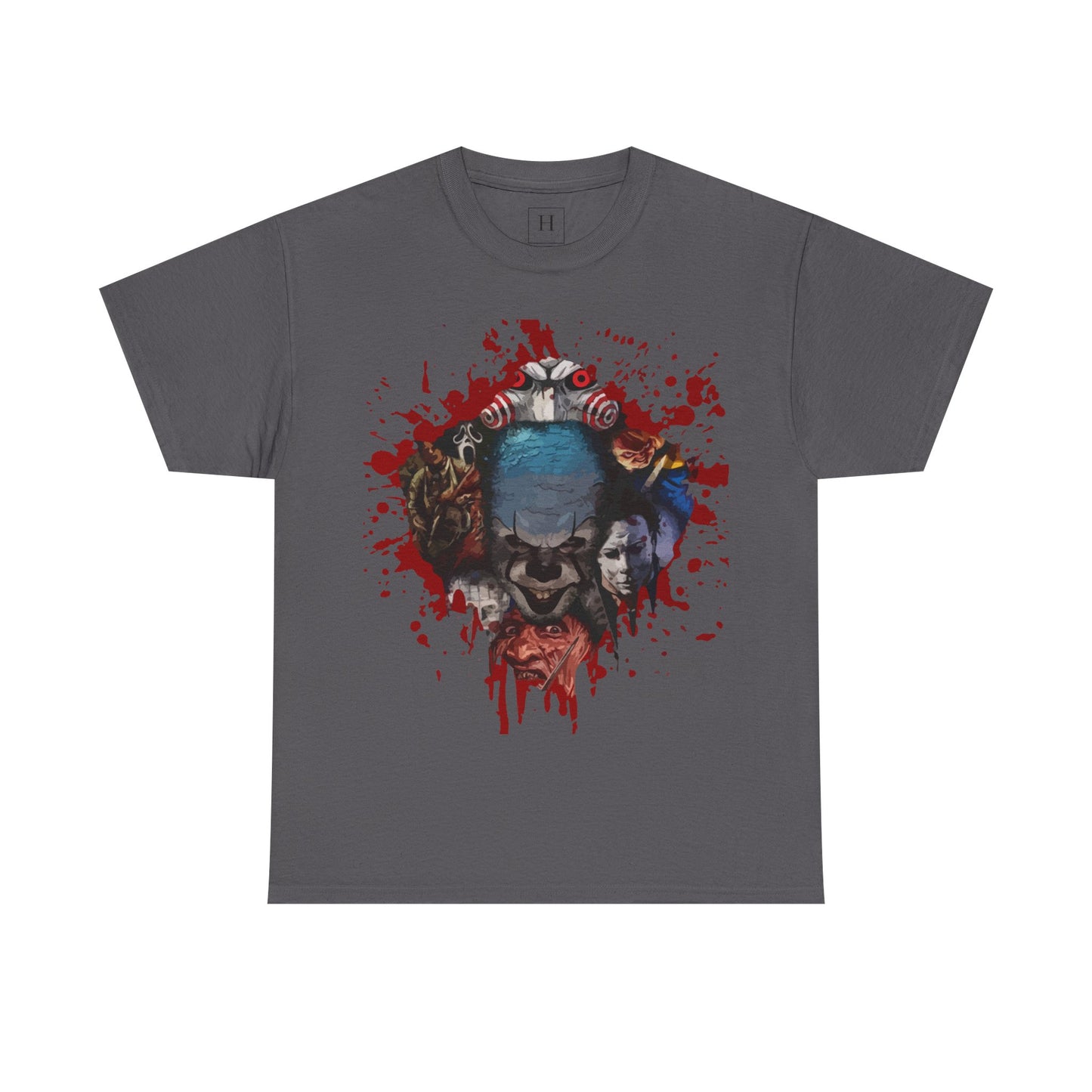 Halloween; Classic Horror Characters with Pennywise and Blood Splatter -- Unisex