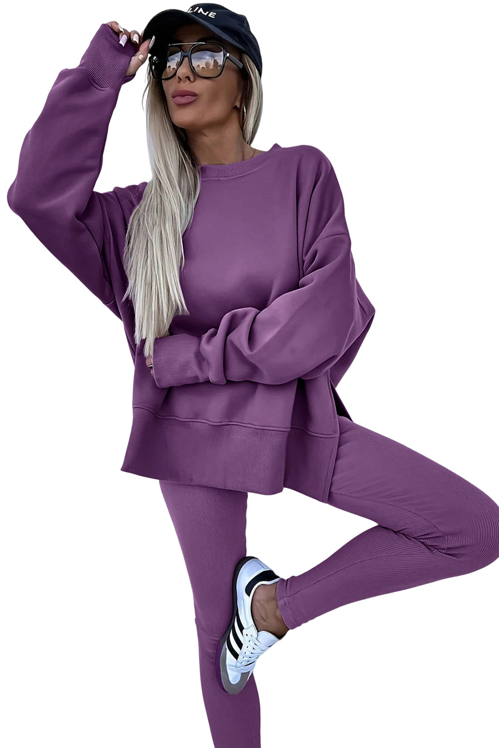 Orchid Mist Solid Color Oversized Slit Sweatshirt Ribbed Leggings Set