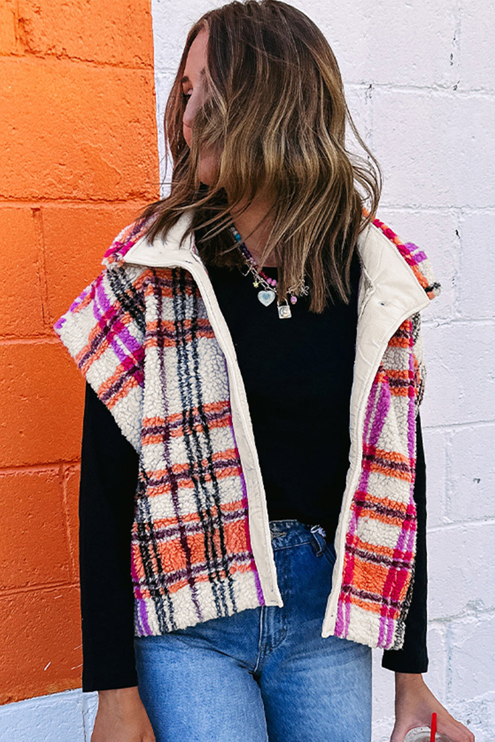 Rose Sherpa Plaid Jacket Vest