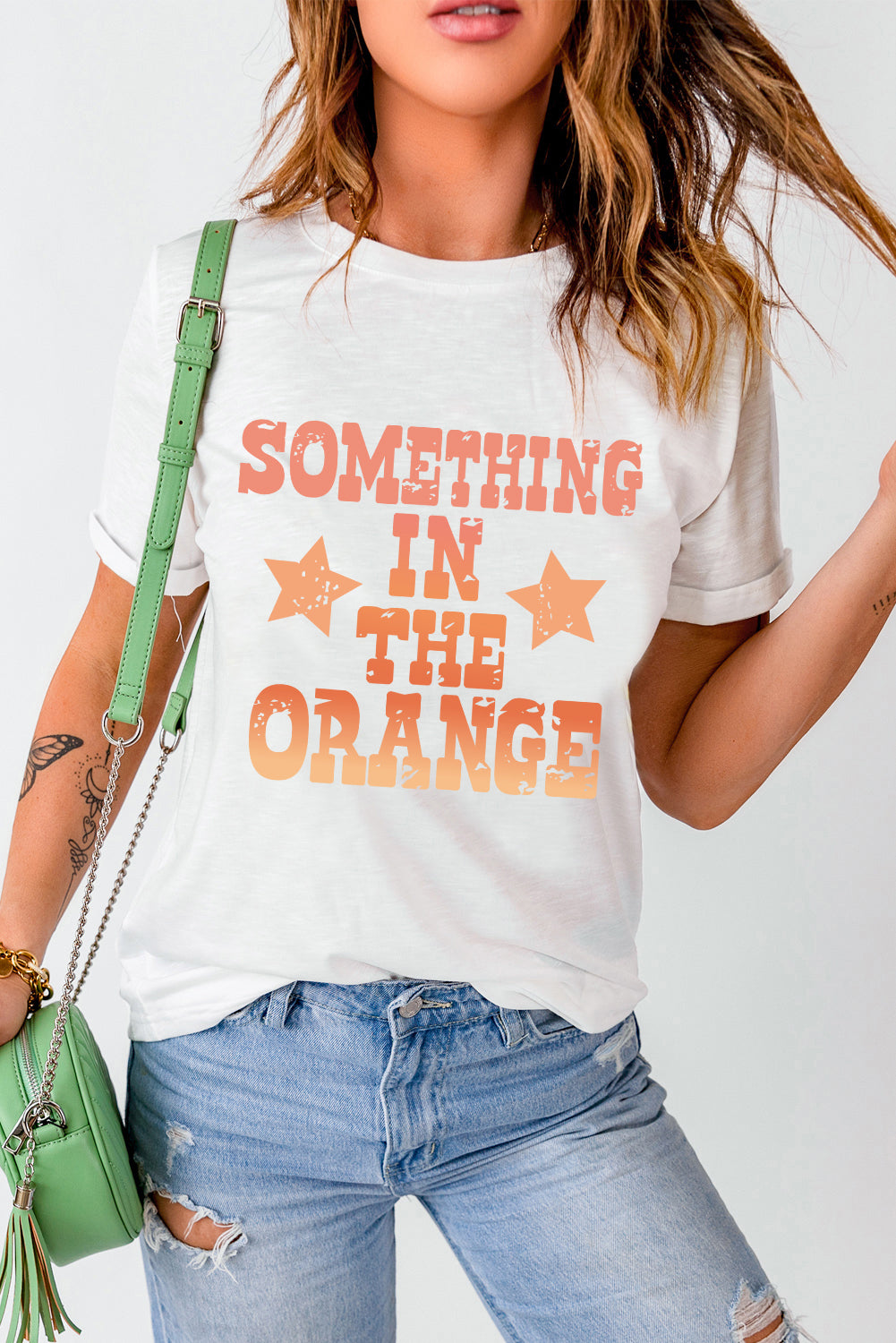 Something In Orange Letter Graphic Round Neck Short Sleeve T-Shirt