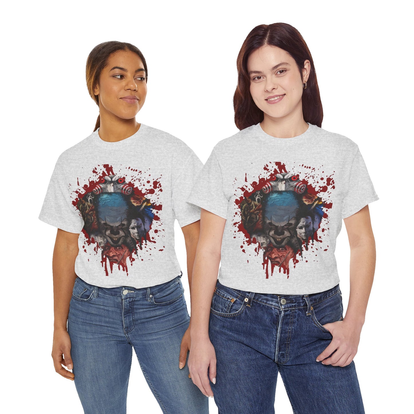 Halloween; Classic Horror Characters with Pennywise and Blood Splatter -- Unisex