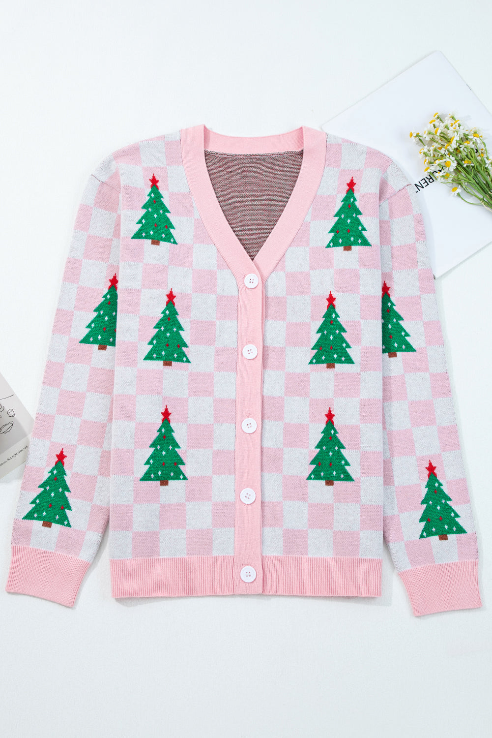 Red Checkered Christmas Tree Pattern Button V Neck Cardigan Sweater