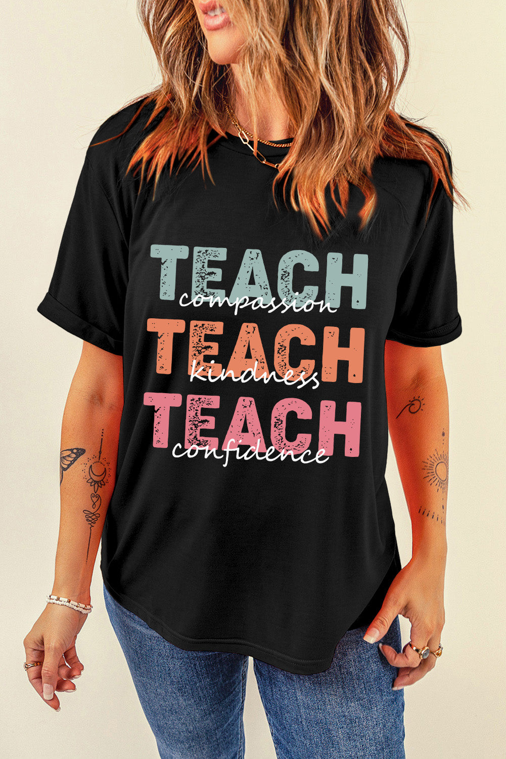 Teach Letter Graphic Round Neck Short Sleeve T-Shirt