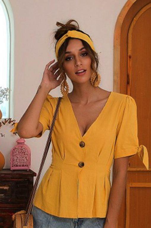 Buttoned V-Neck Short Sleeve Blouse