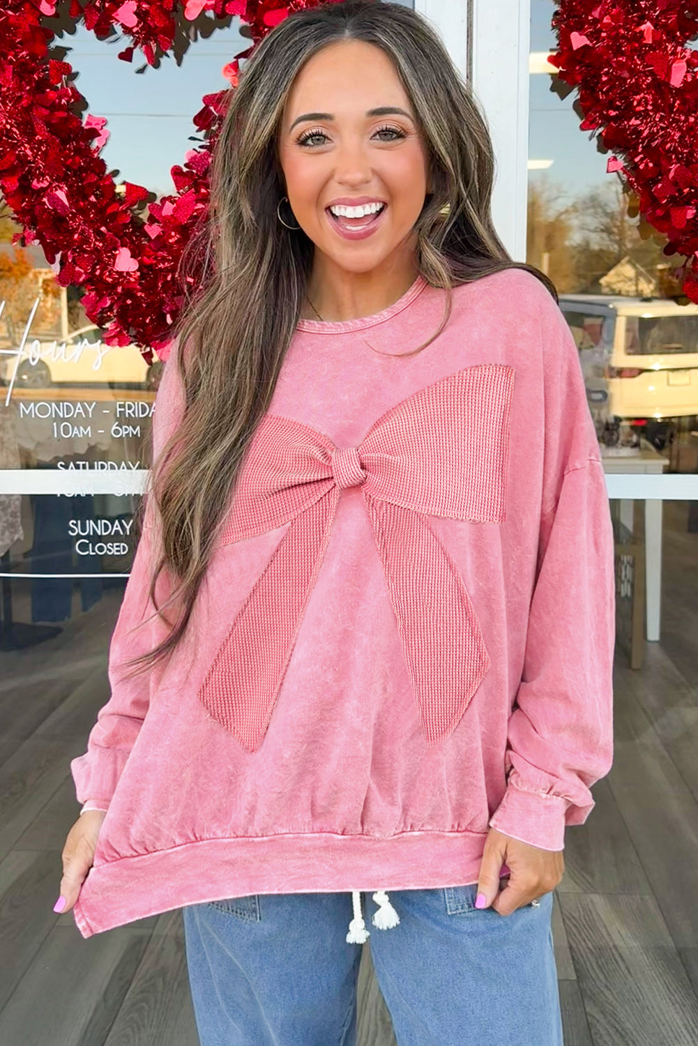 Bright Pink Mineral Wash Big Bow Patchwork Pullover Sweatshirt