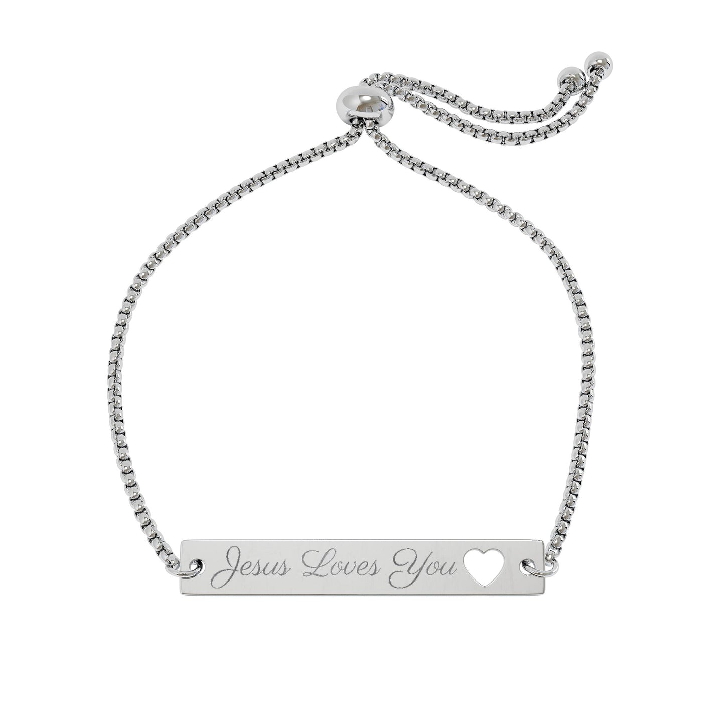 Jesus Loves You Engraved Heart Bar Bracelet — Adjustable Gold/Silver Personalized Gift