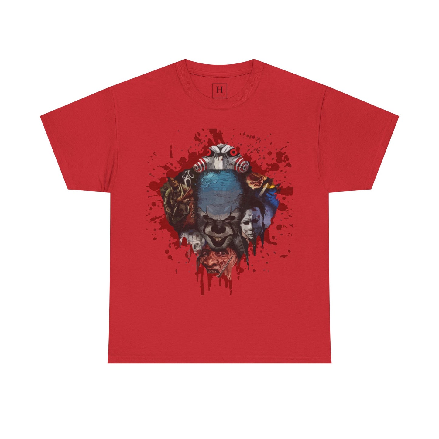 Halloween; Classic Horror Characters with Pennywise and Blood Splatter -- Unisex