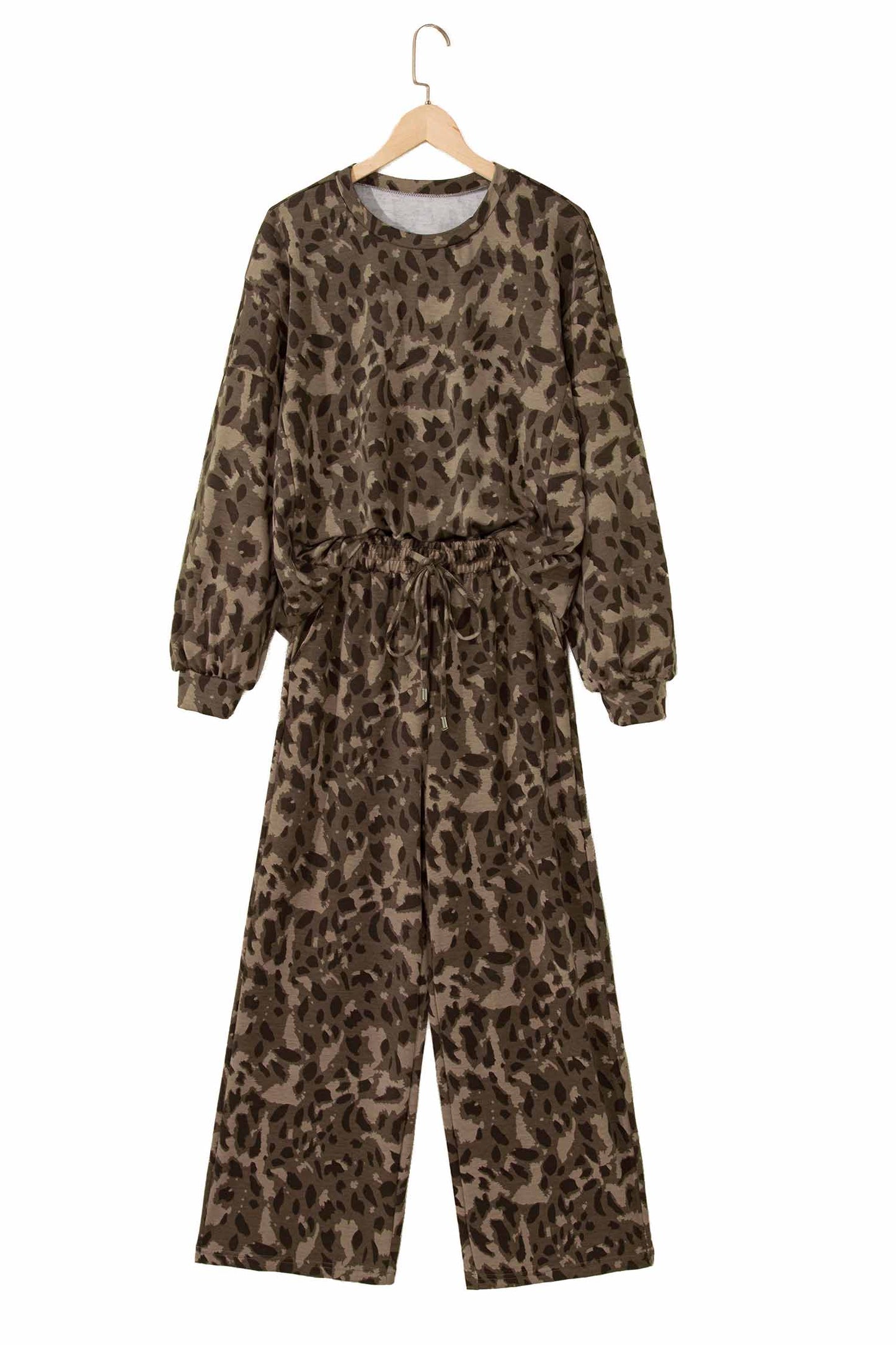 Brown Leopard Print Raw Seam Patchwork Pullover Drawstring Loose Pant Set