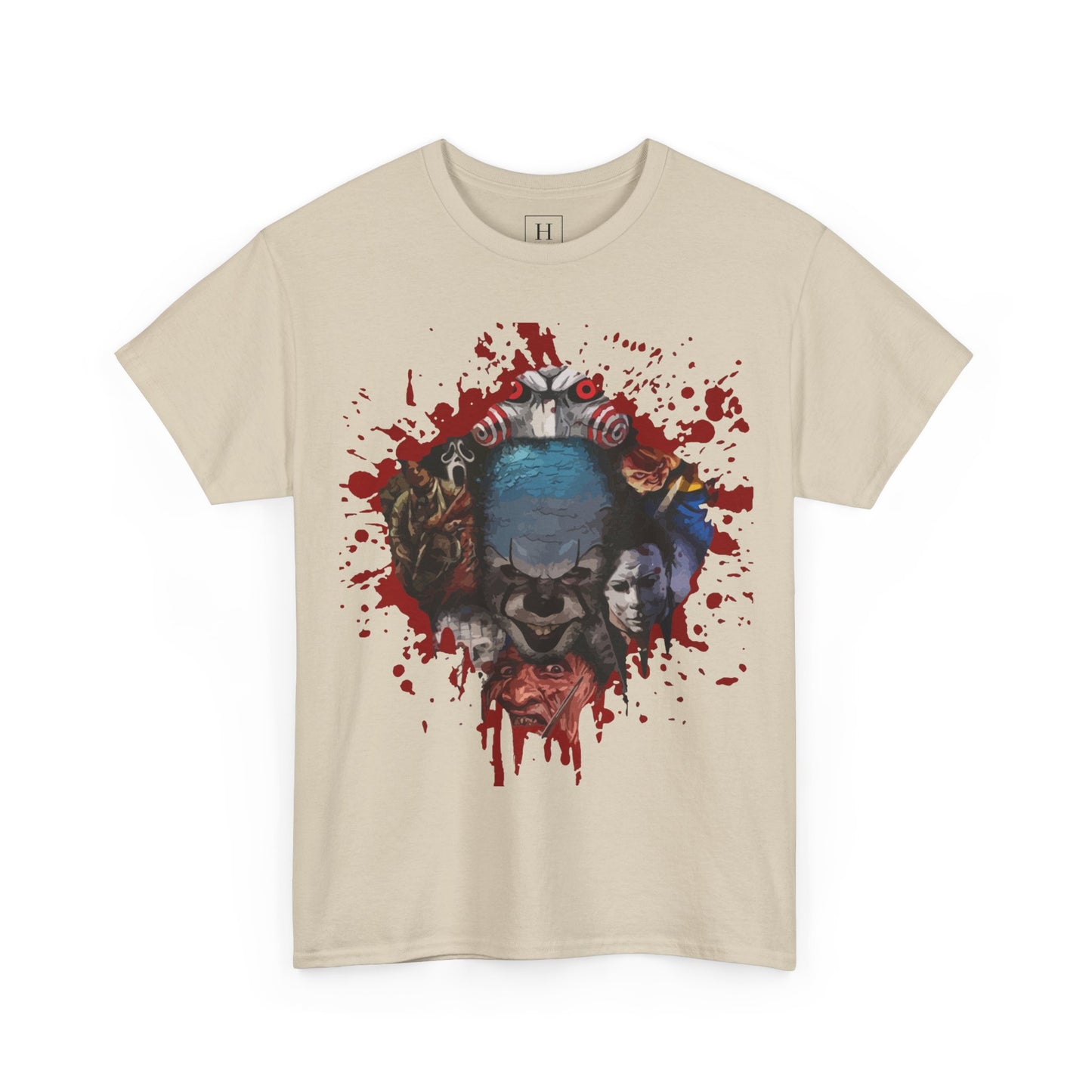 Halloween; Classic Horror Characters with Pennywise and Blood Splatter -- Unisex