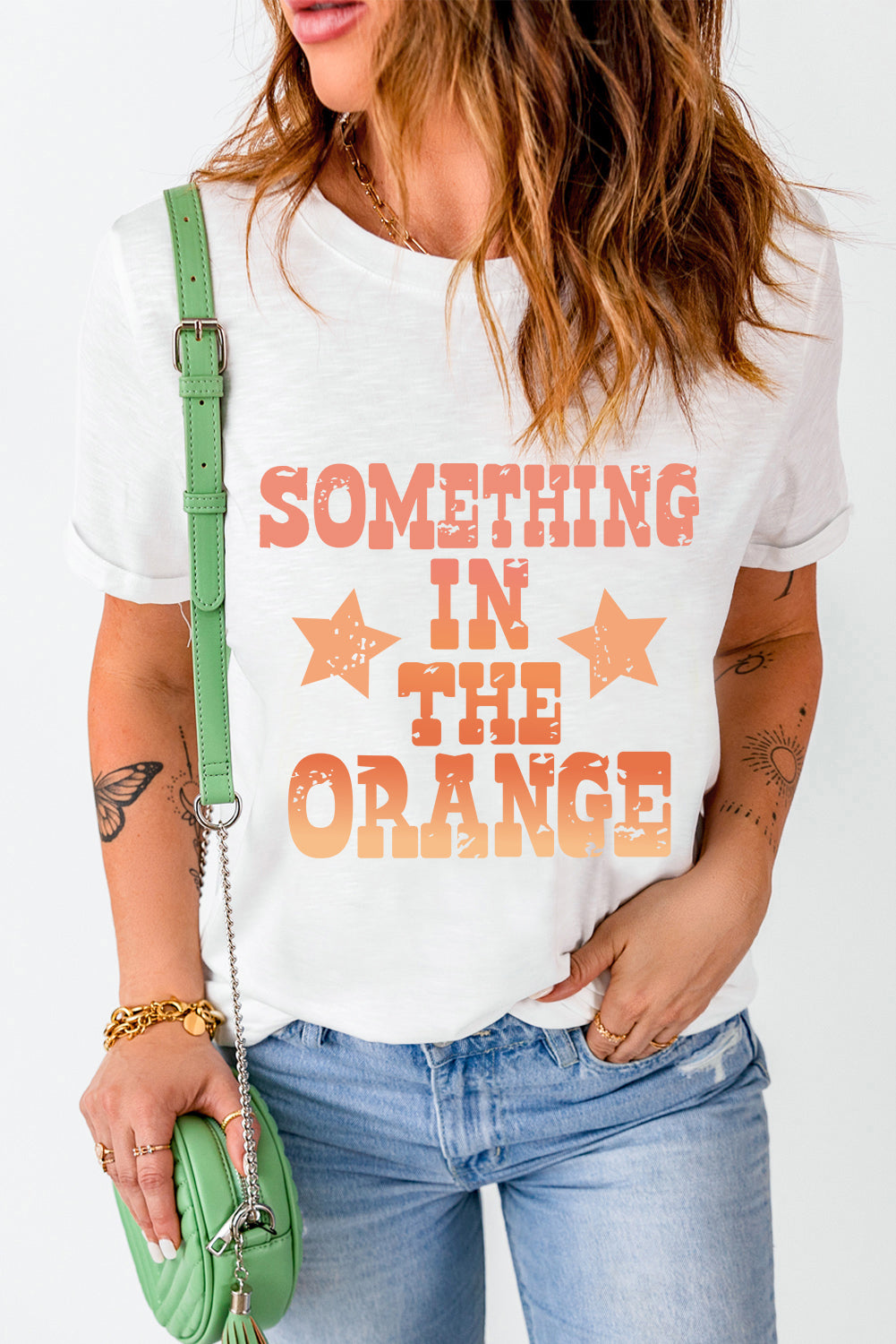 Something In Orange Letter Graphic Round Neck Short Sleeve T-Shirt