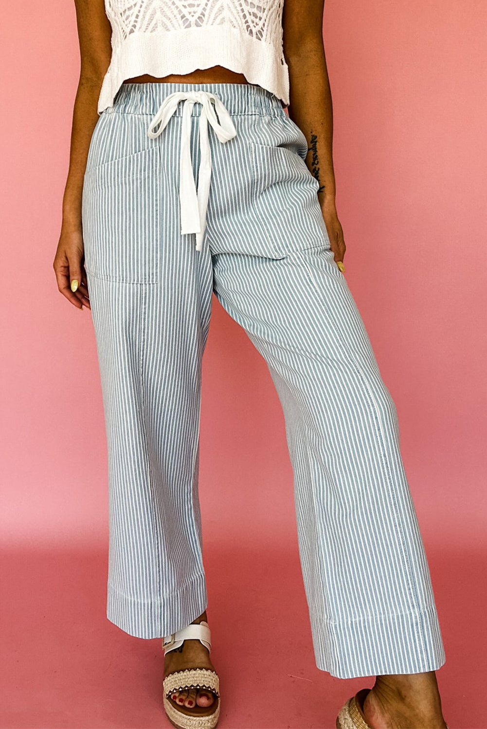 Sky Blue Stripe Mid Rise Drawstring Waist Jeans