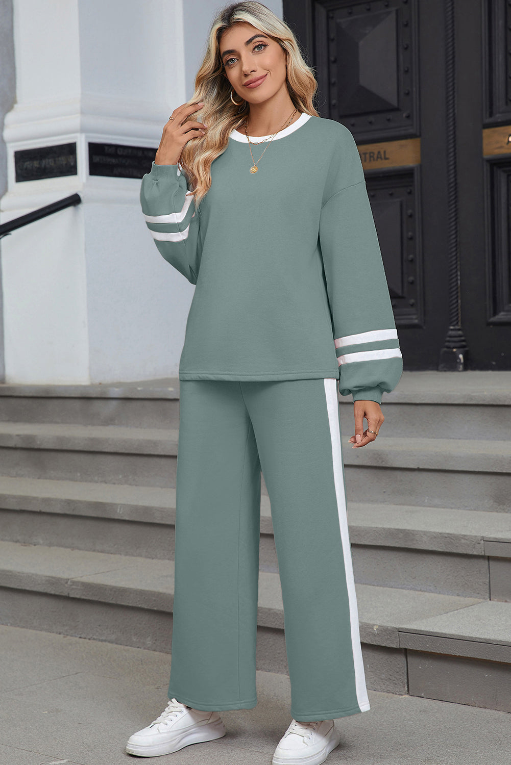 Chestnut Varsity Stripe Patchwork Puff Sleeve Pullover Drawstring Wide Leg Pant Set