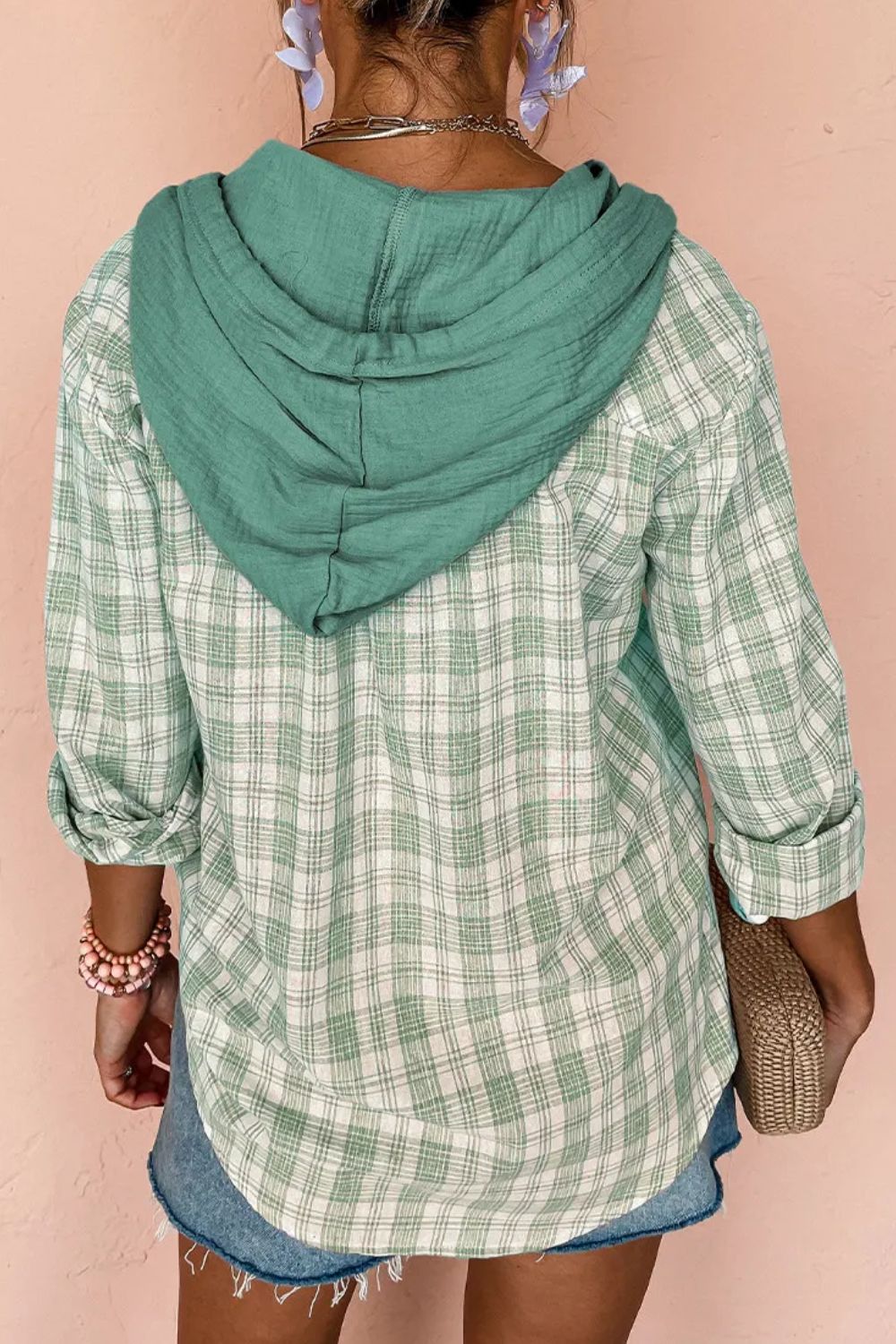 Drawstring Button Up Hooded Shacket