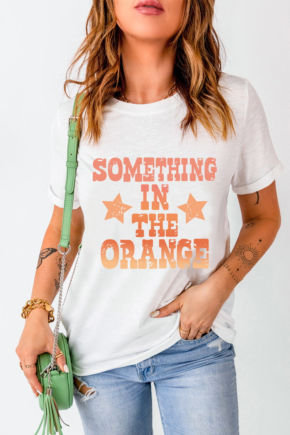 Something In Orange Letter Graphic Round Neck Short Sleeve T-Shirt