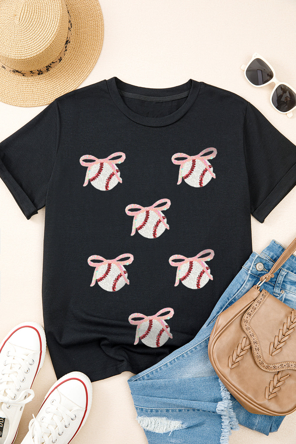 Black Shimmering Bow Ball Patterned Sequins Patch Game Day Casual Tee